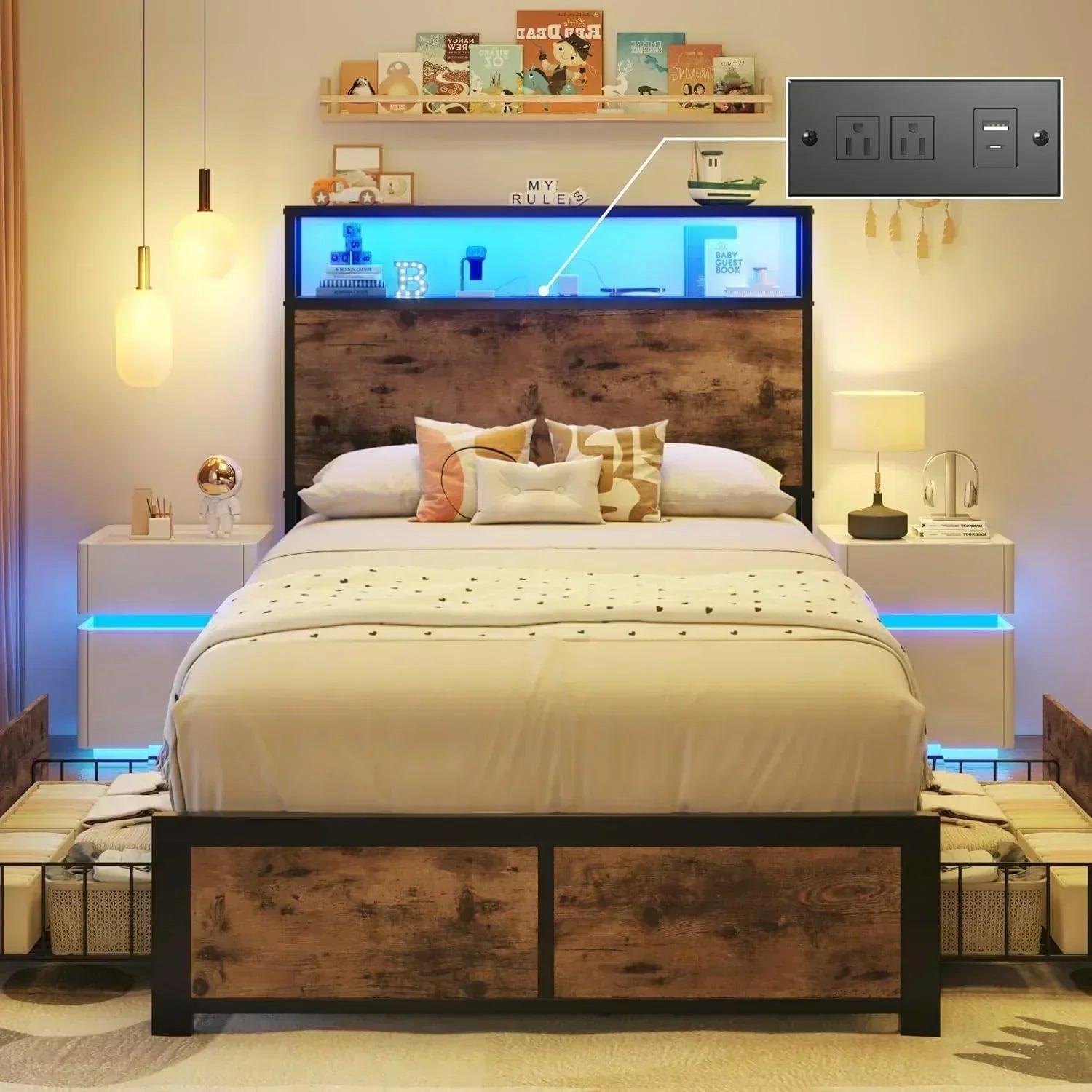 Lifezone Queen Bed Frame 2-Tier Storage Headboard Metal Platform Bed Frame 4 Storage Drawers