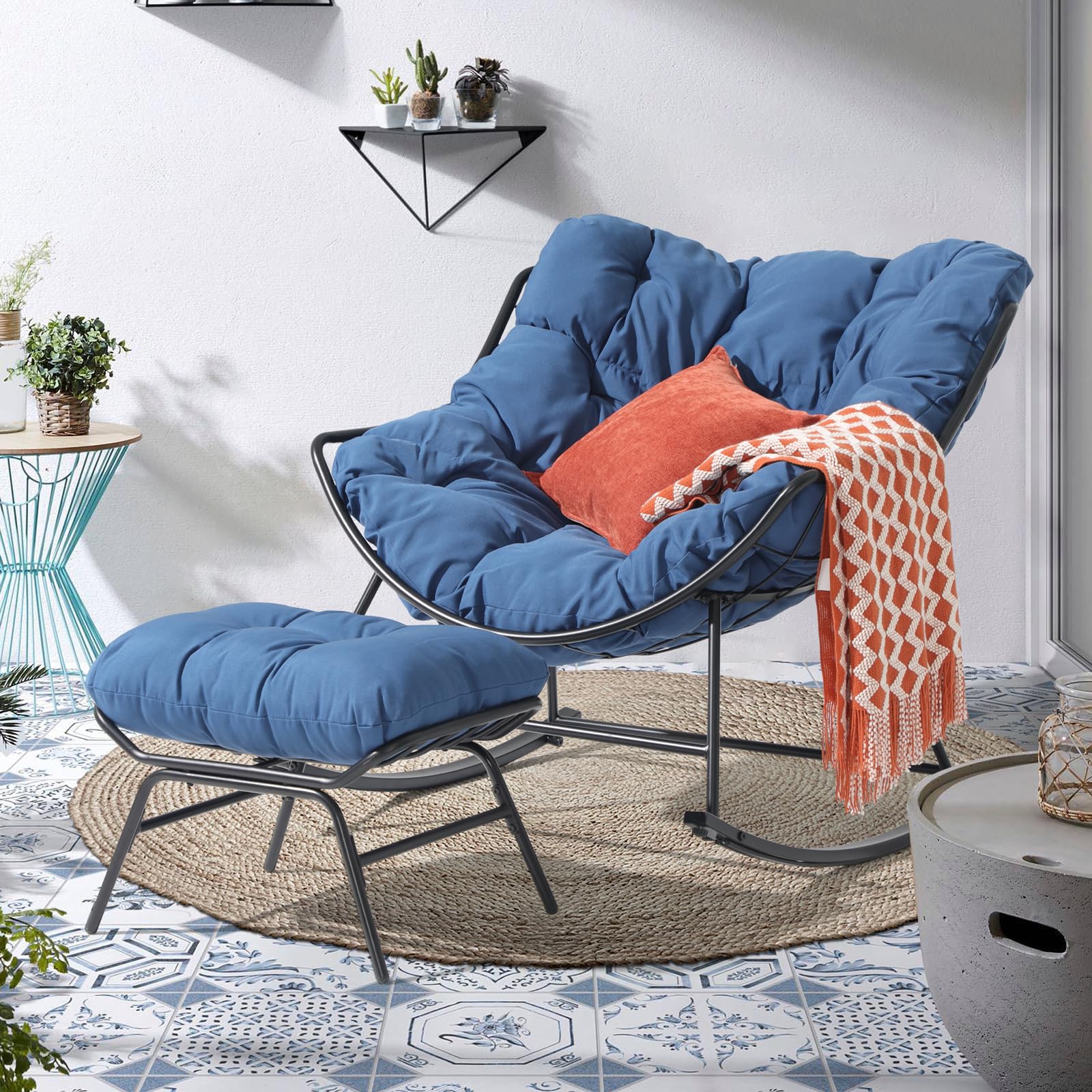 Casual Outdoor Rocking Chair with Ottoman Patio Rocker Egg Recliner Chairs
