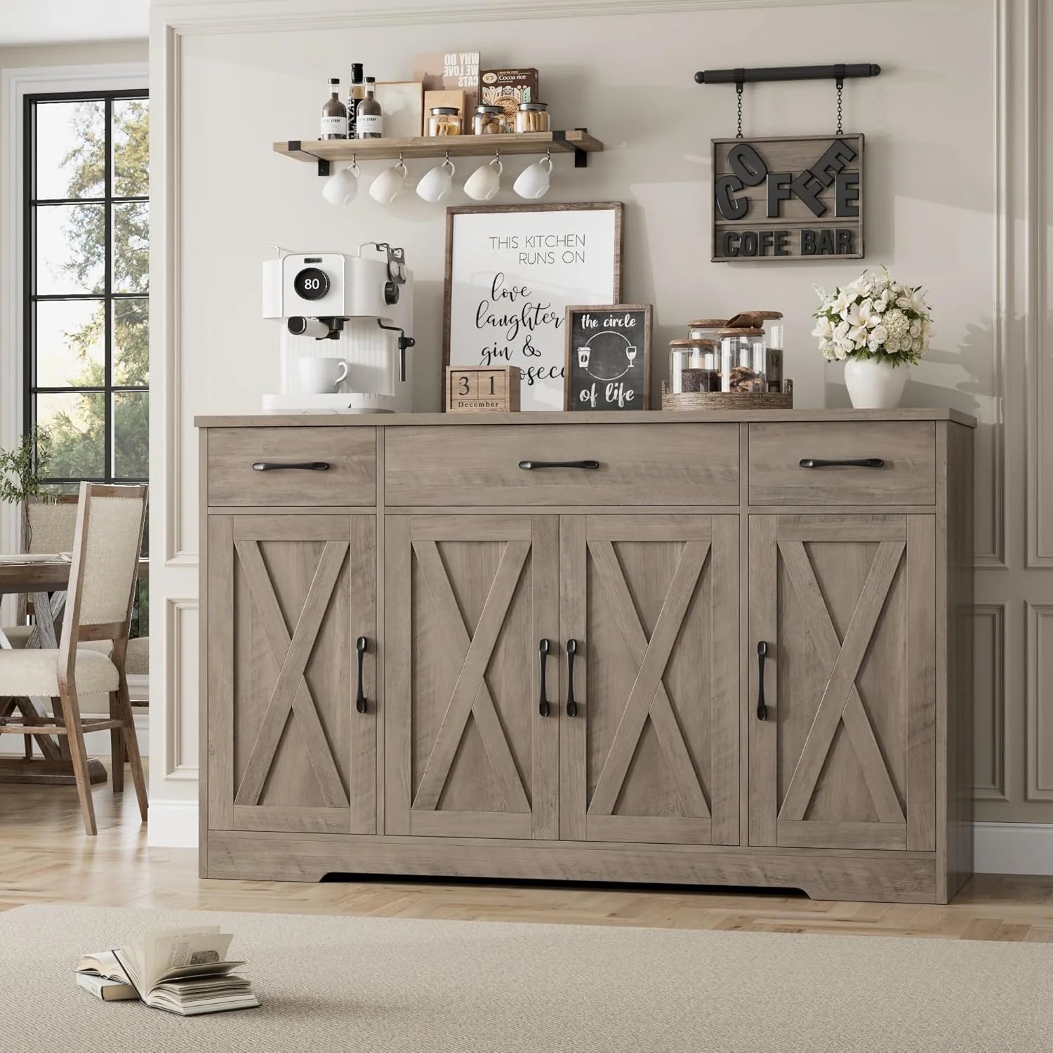 HOSTACK Buffet Cabinet with Drawers, 55 Large Sideboard Buffet Storage Cabinet with Shelves and Doors, Modern Farmhouse Coffee Bar Station Wood Kitchen Table for Kitchen, Dining Room, White/Rustic