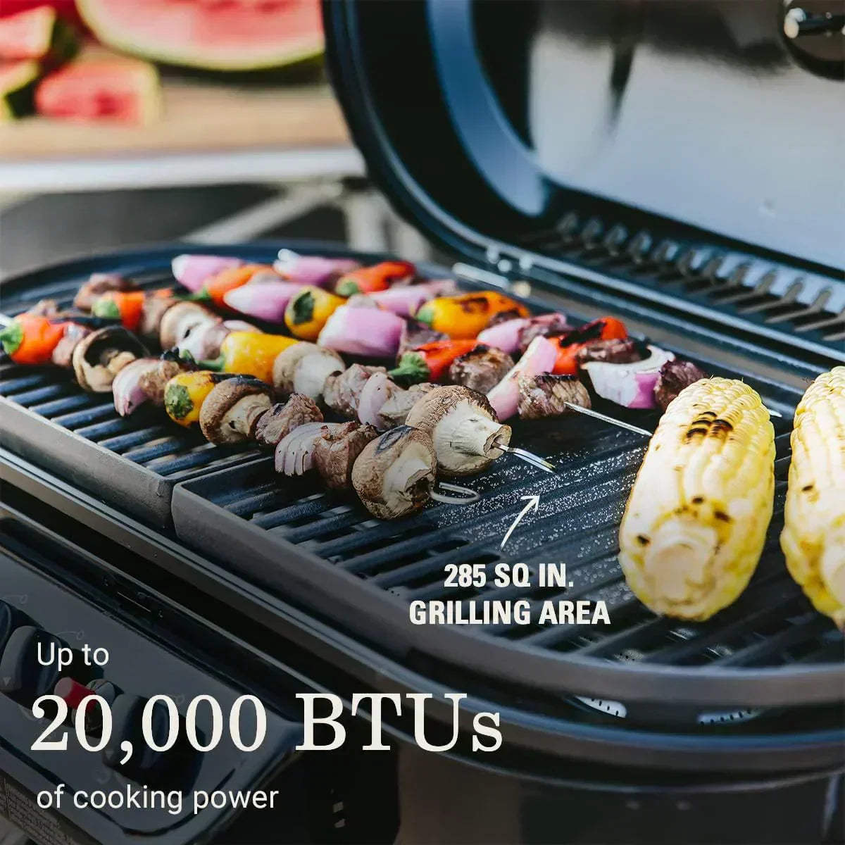RoadTrip 285 Portable Stand-Up Propane Grill with 3 Adjustable Burners Instastart Ignition 20,000 BTUs