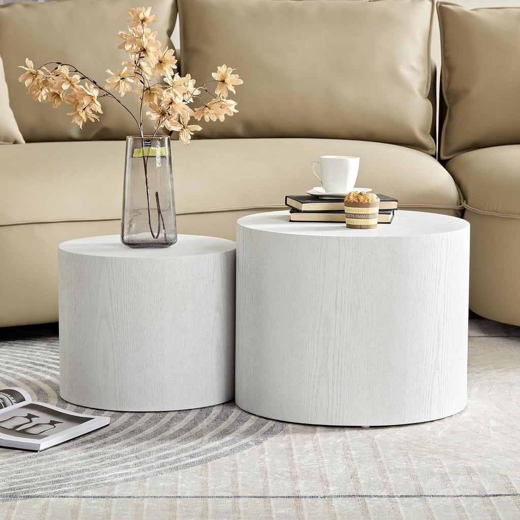 Nesting Coffee Table Set of 2, Modern Round Coffee Table with Non-Slip Feet, Walnut Wooden Circle Accent Tables for Small Spaces Living Room Bedroom Balcony Office Drum Side Table (Walnut)