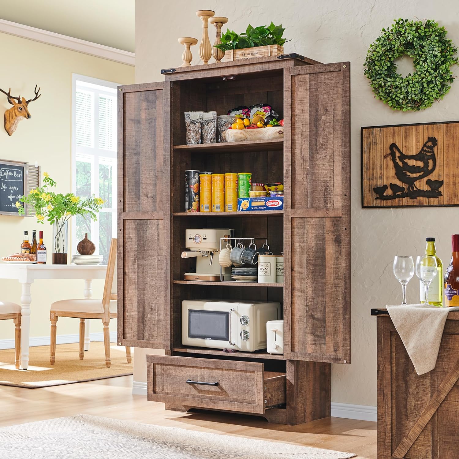 JXQTLINGMU Farmhouse Kitchen Pantry 72 Tall Wood Kitchen Storage Cabinet Adjustable Shelves