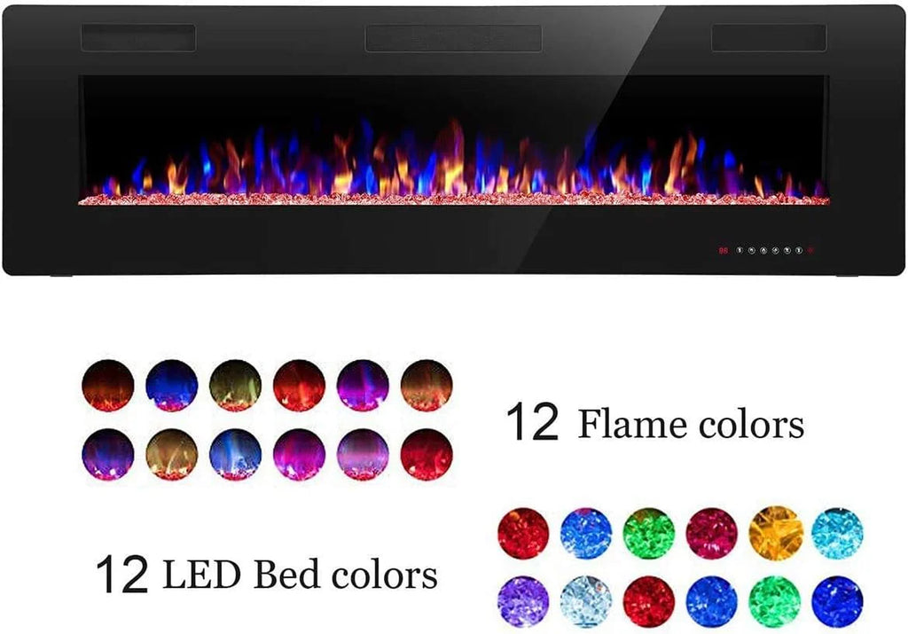 R.W.FLAME 60 Recessed and Wall Mounted Electric Fireplace, Low Noise, Fit for 2 x 6 Stud, Remote Control with Timer, Touch Screen, Adjustable Flame Color and Speed, 750-1500W