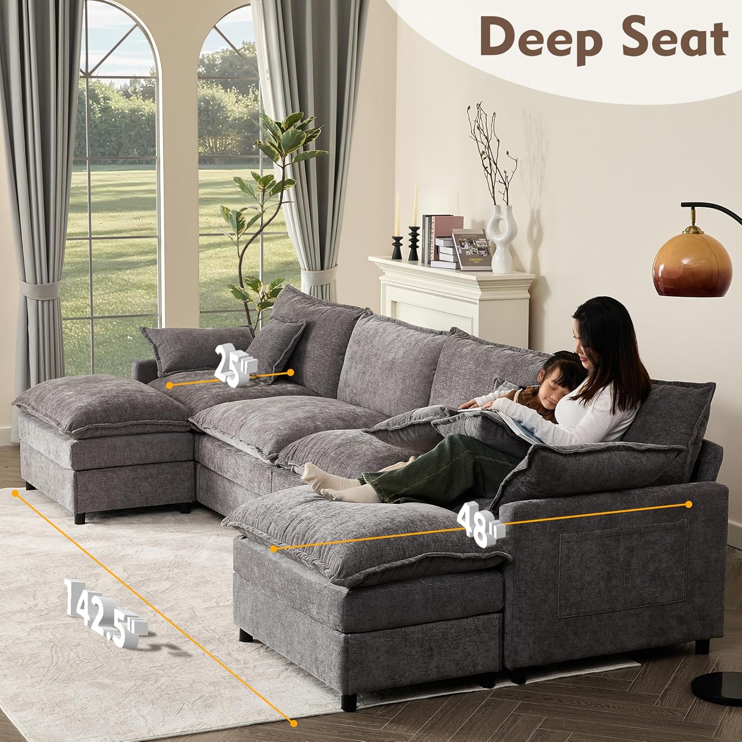 108 Inch U Shape Sofa Sectional Sofa Comfortable Cloud Sofa with Removable Footstool