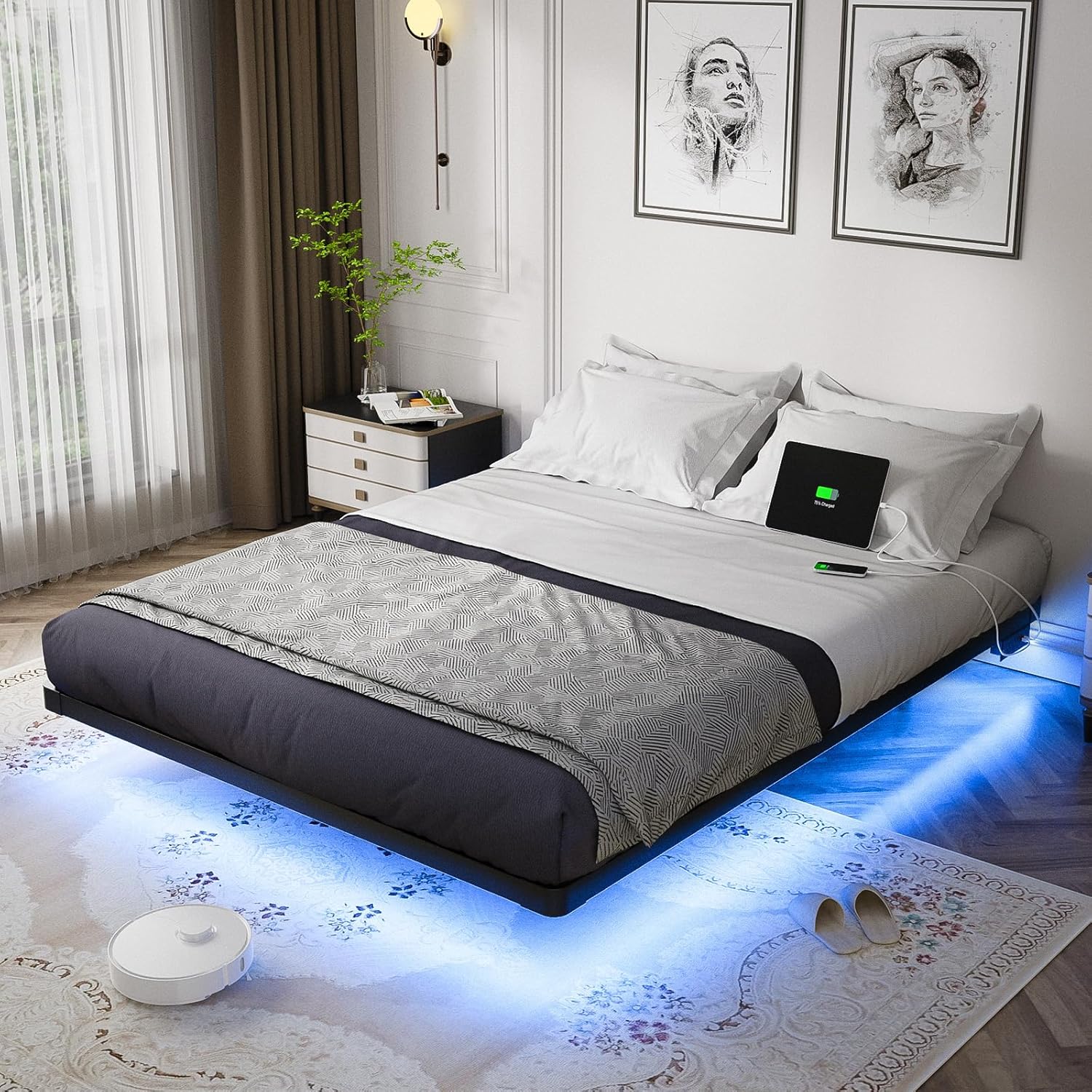 OLEVS Floating Bed Frame Queen Size with Smart LED Lights Modern Metal Platform Bed