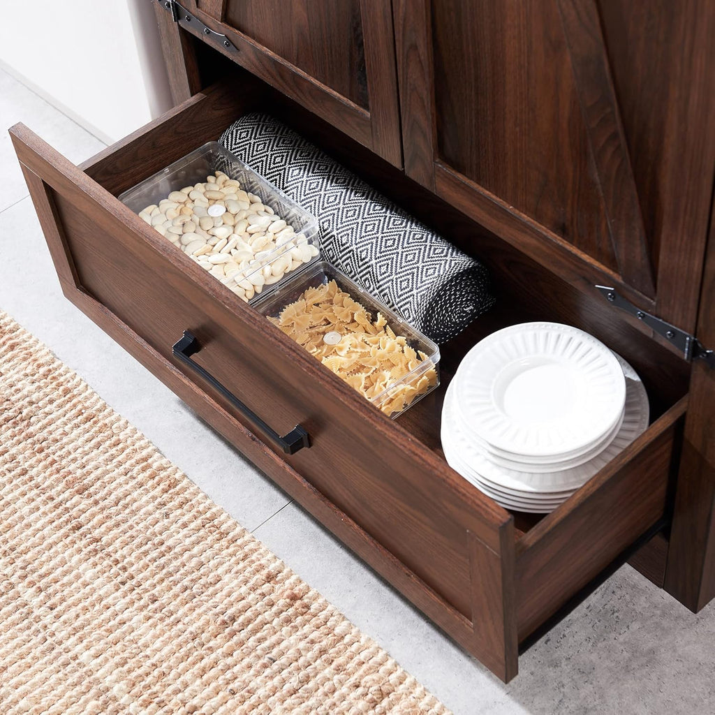 JXQTLINGMU Farmhouse Kitchen Pantry - 72 Tall Wood Kitchen Storage Cabinet with Adjustable Shelves and 2 Barn-Style Doors and Drawers