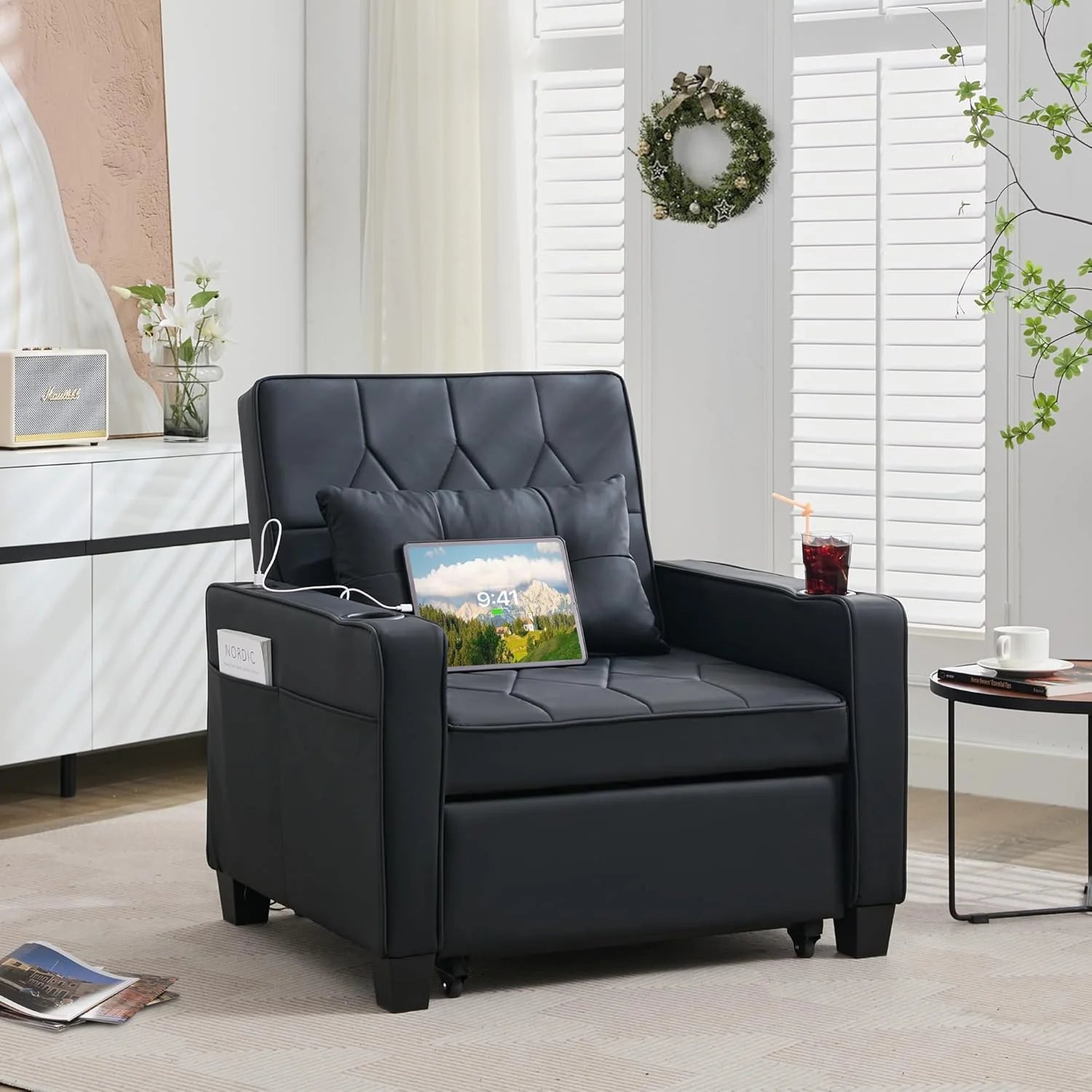 Adult Convertible Sleeper Chair Bed, 3-in-1 Pull-Out Sofa Bed with USB/Type-C Ports, Cup Holders, Side Pockets, Single Sofa