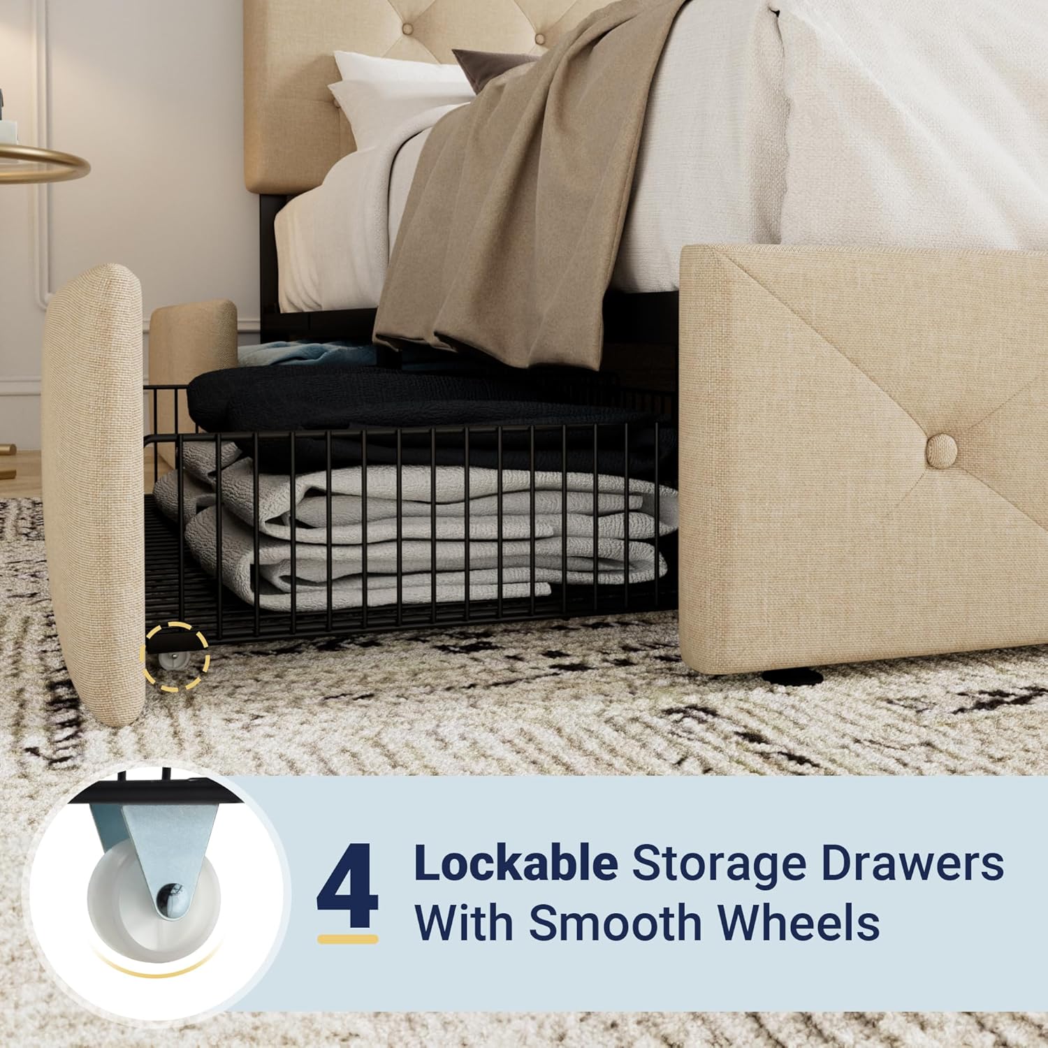 Allewie Upholstered Queen Size Platform Bed Frame with 4 Storage Drawers and Headboard