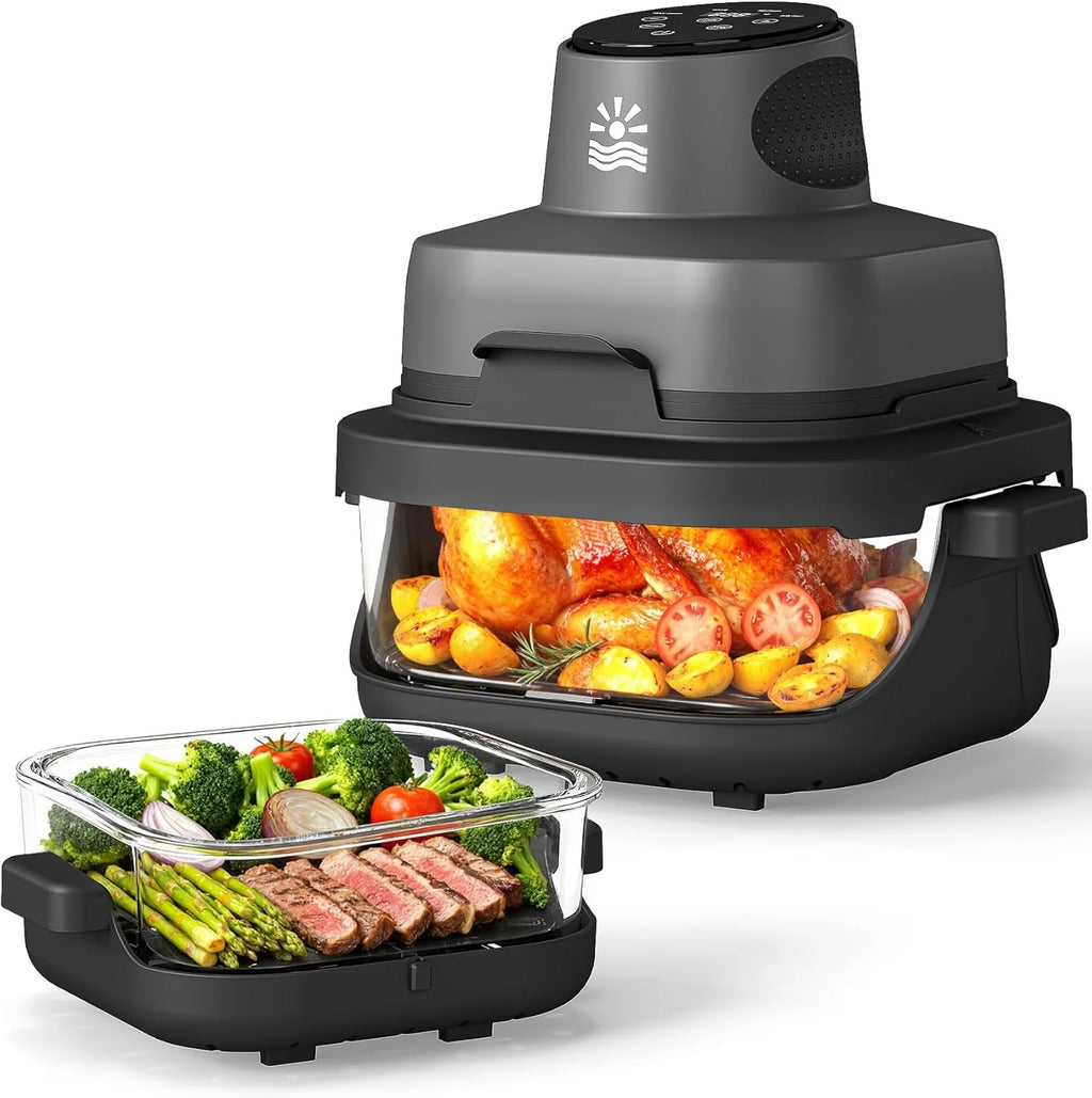 Rellytech Portable Glass Air Fryer - 1500W, 4.2 QT & 6-Cup Dual Glass Containers
