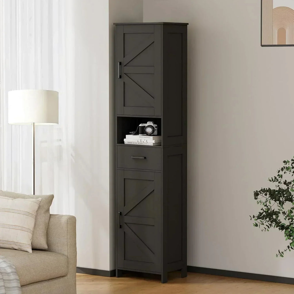 Homhedy 67 H Tall Bathroom Storage Cabinet with 2 Barn Doors and 1 Drawer Narrow Storage Unit