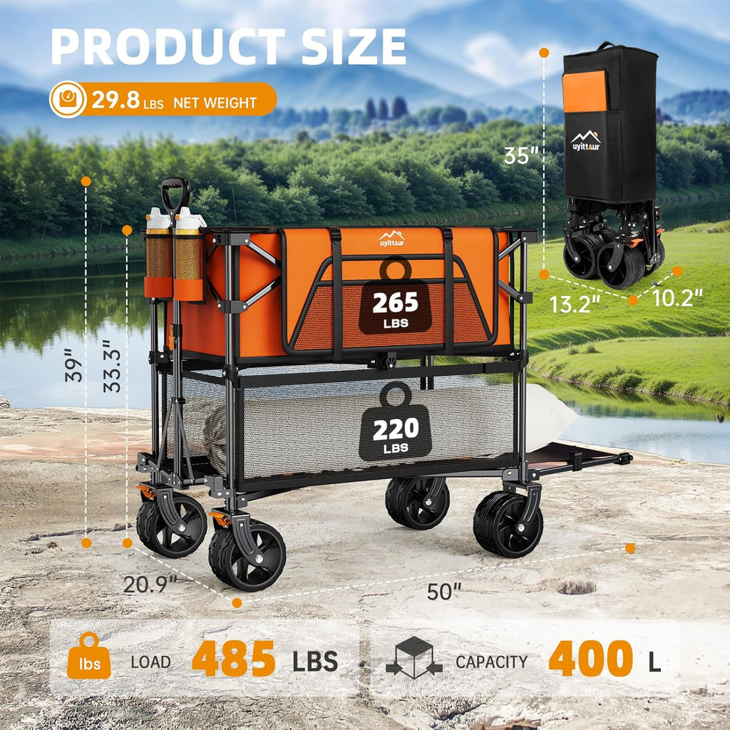Foldable 50''L Extra Long Double Decker Wagon for Sport 400L Collapsible Heavy Duty Wagon Cart