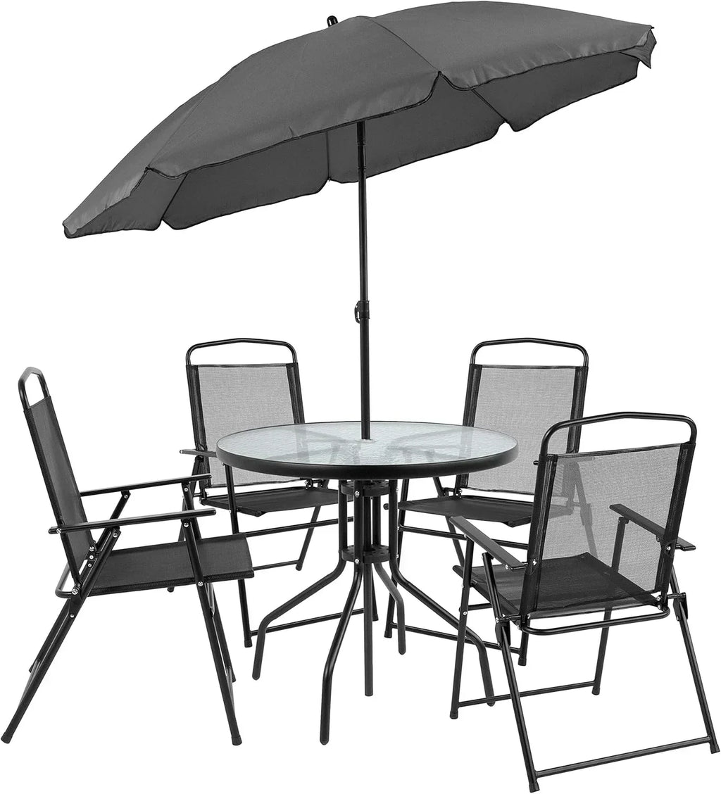 EMMA + OLIVER 6 Piece Brown Patio Garden Set with Umbrella Table Set of 4 Folding Chairs