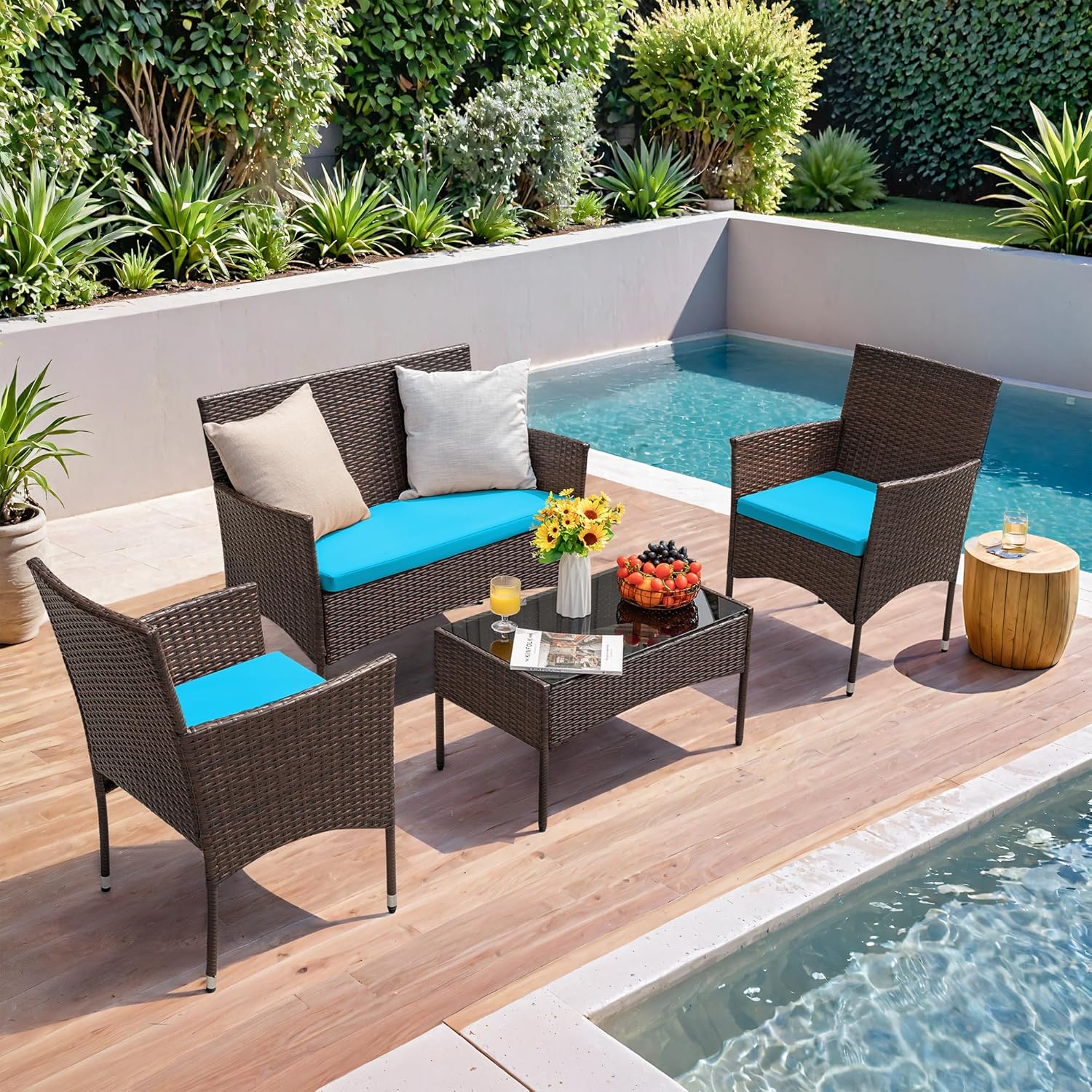 Homall 4 Pieces Outdoor Patio Furniture Sets Rattan Chair Wicker Set, Outdoor Indoor Use Backyard Porch Garden Poolside Balcony Furniture Sets (Grey)