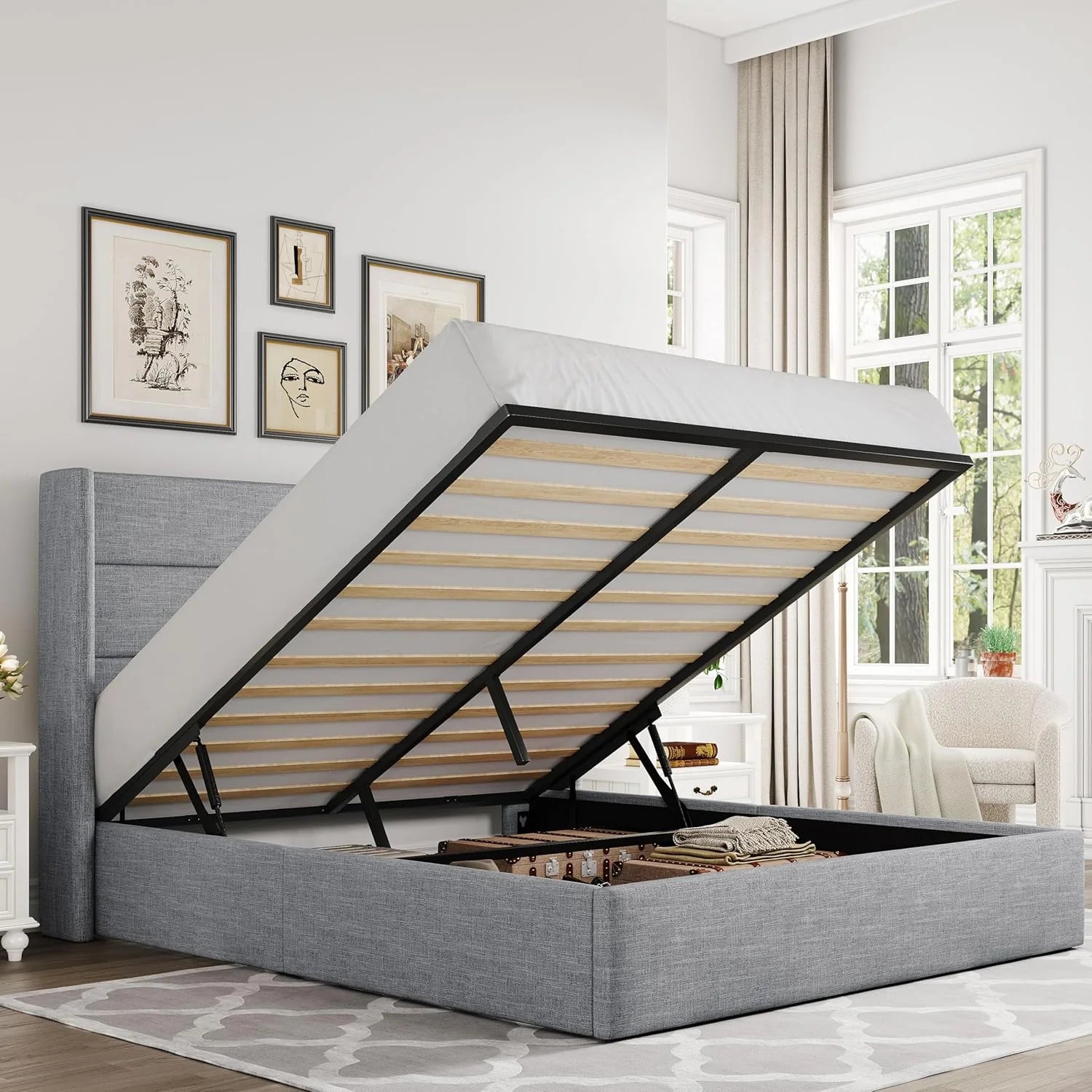 Allewie Queen Size Lift Up Storage Bed Modern Wingback Headboard Hydraulic Support