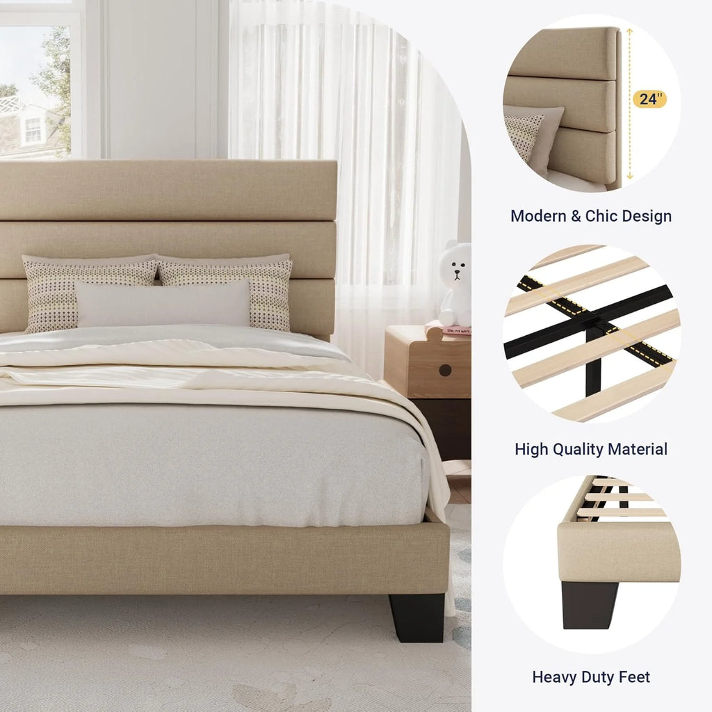 Allewie Queen Size Platform Bed Frame Fabric Upholstered Headboard Wooden Slats Support