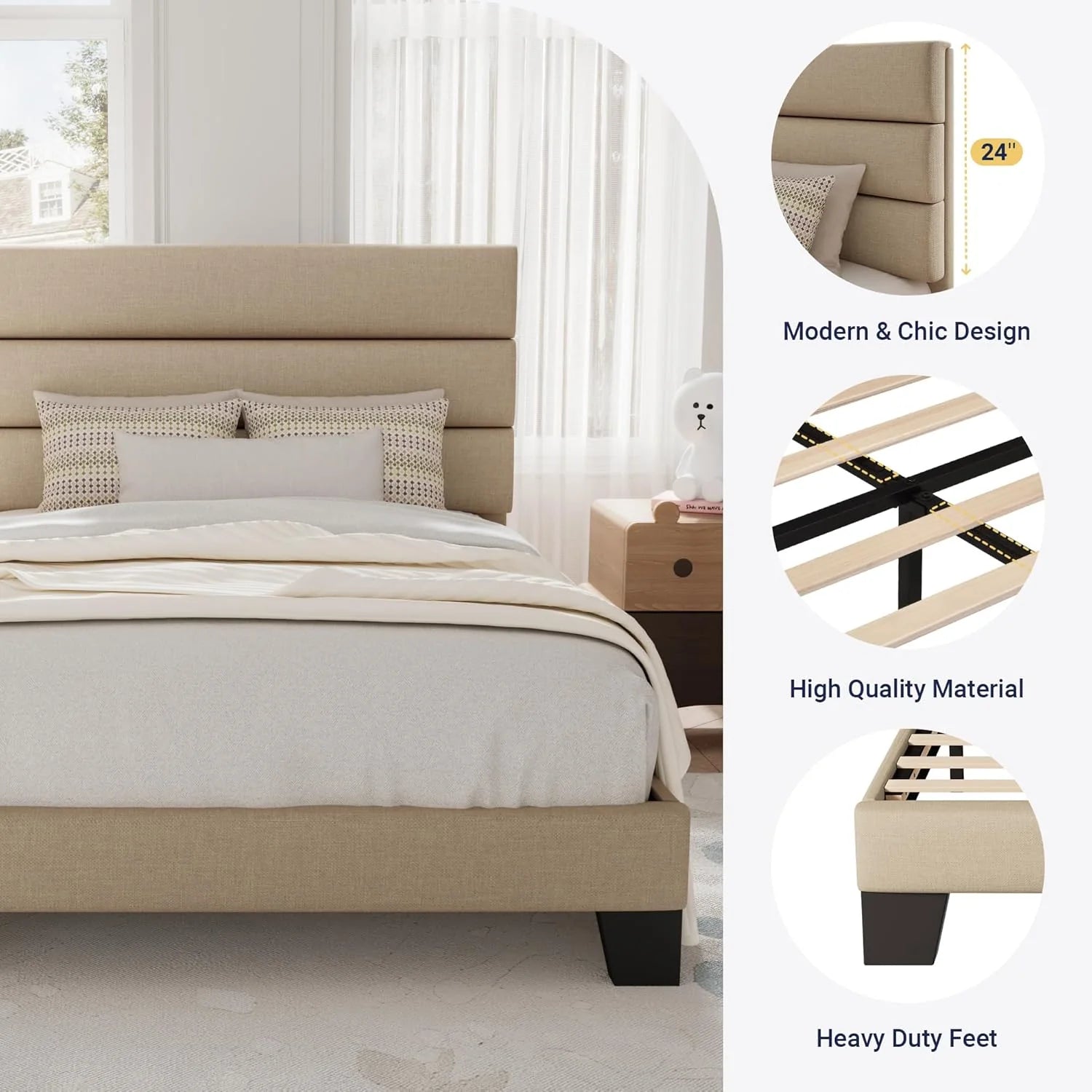 Allewie Queen Size Platform Bed Frame Fabric Upholstered Headboard Wooden Slats Support