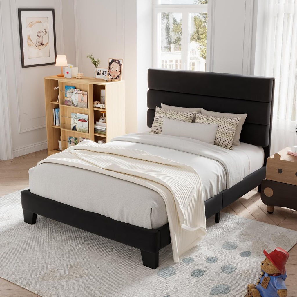 Allewie Queen Size Platform Bed Frame Fabric Upholstered Headboard Wooden Slats Support