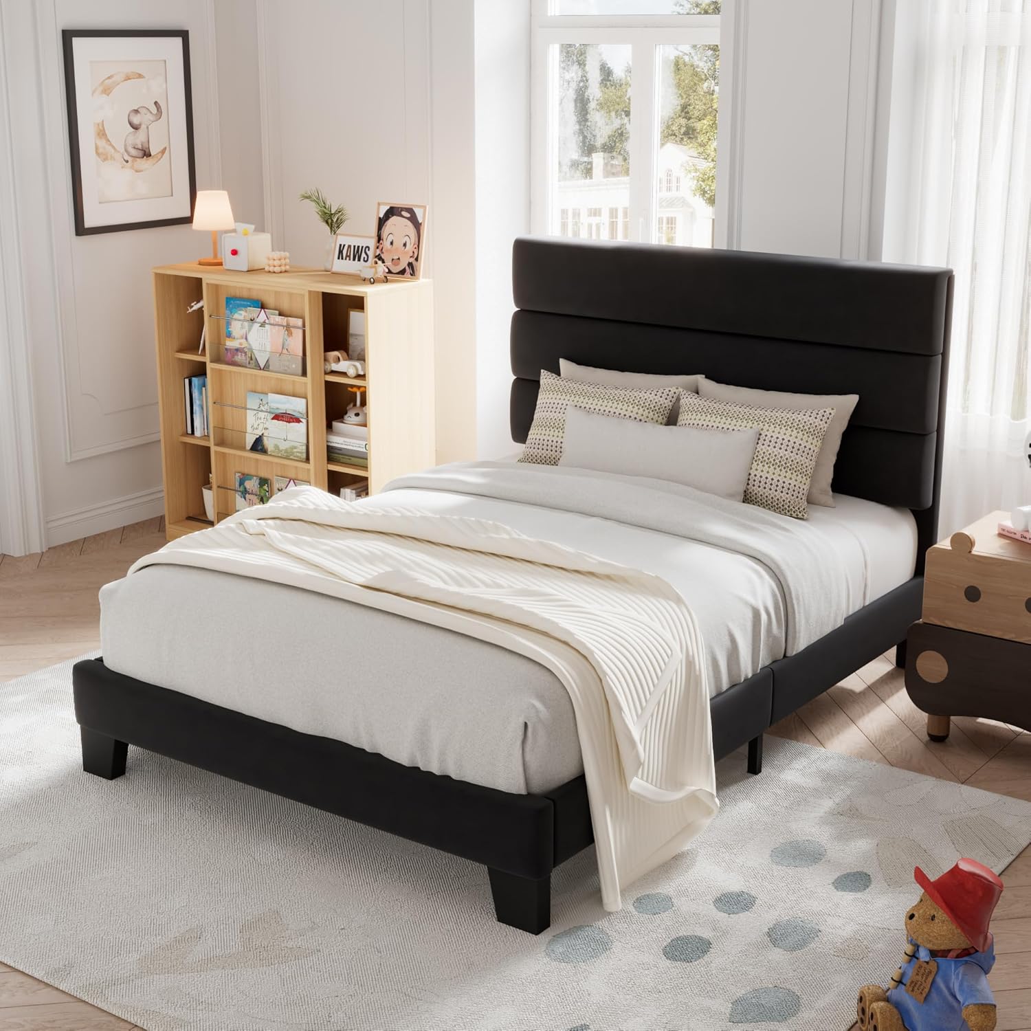 Allewie Queen Size Platform Bed Frame Fabric Upholstered Headboard Wooden Slats Support