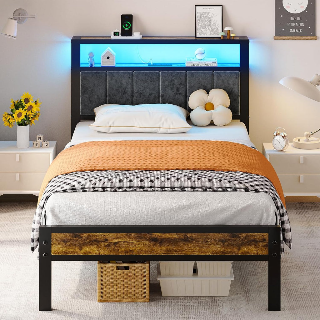 Queen Size Bed Frame with 2-Tier Storage Shelves Headboard Platform Bed Charging Station