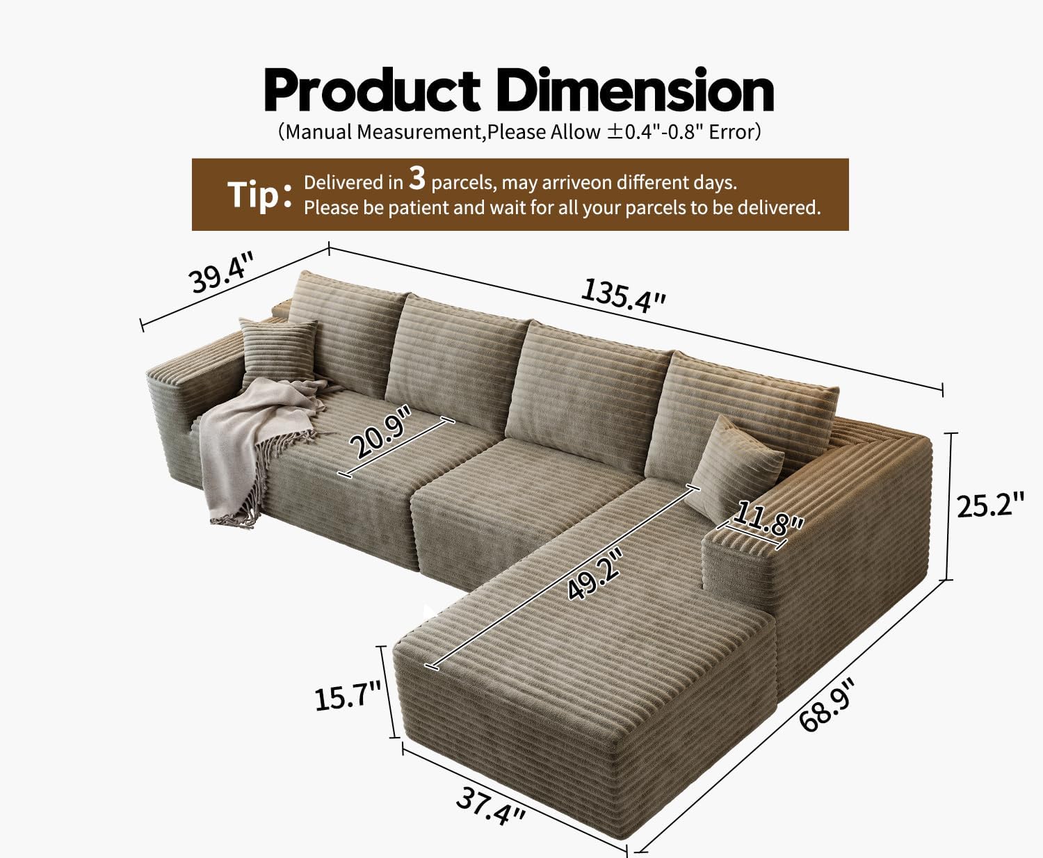 107.5 inch Cloud Modular Sectional Sofa with L-Shaped Chaise Lounge, Modern Minimalist Upholstered Sofa Deep Seating Corner Sofa