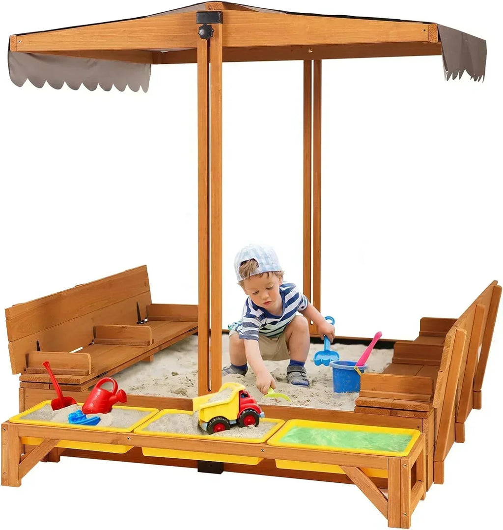 Kids Wooden Outdoor Sandbox Canopy 2 Foldable Bench Seats Retractable Roof Sand Protection Liner