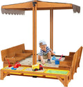 Kids Wooden Outdoor Sandbox Canopy 2 Foldable Bench Seats Retractable Roof Sand Protection Liner