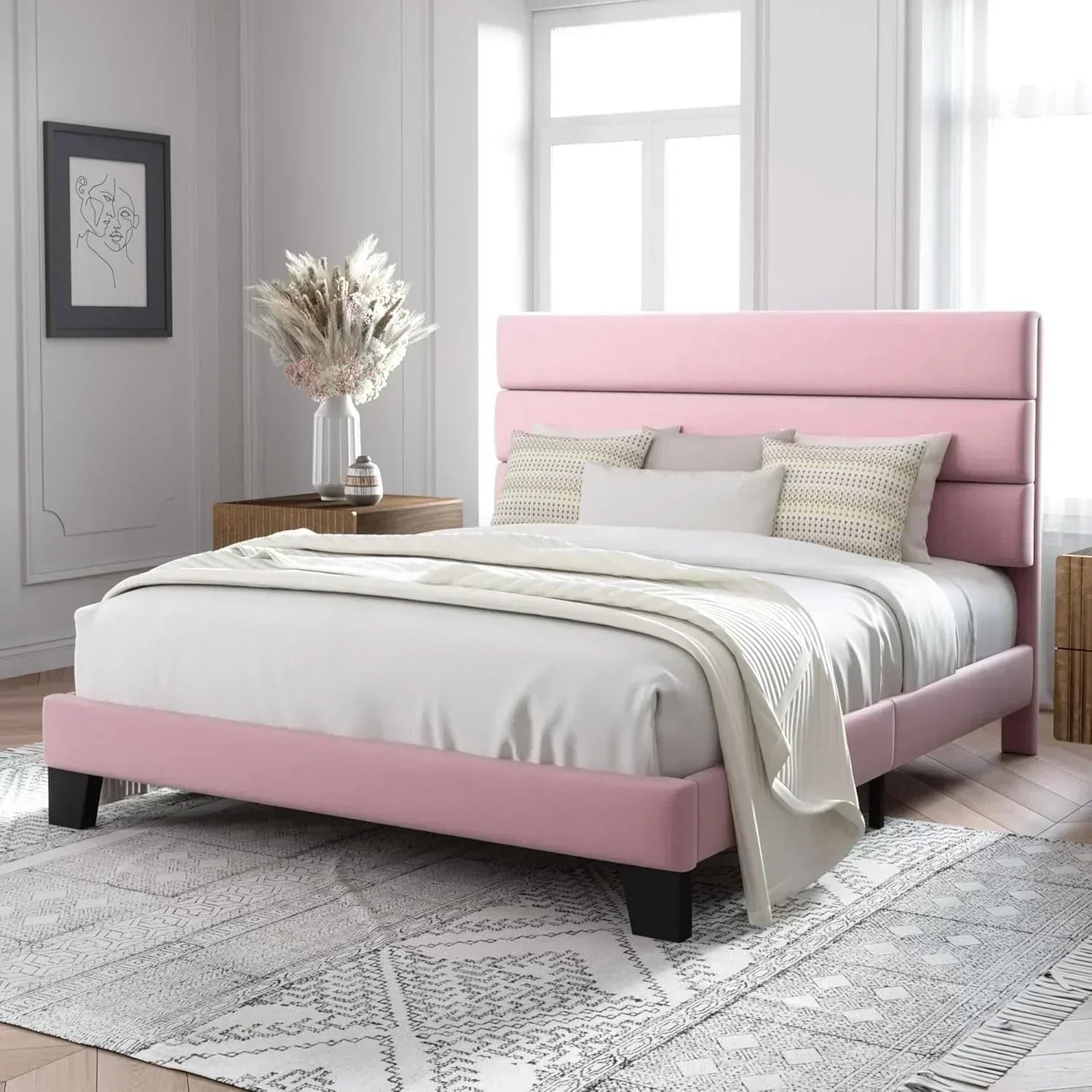 Allewie King size platform bed frame with velvet upholstered headboard and planks