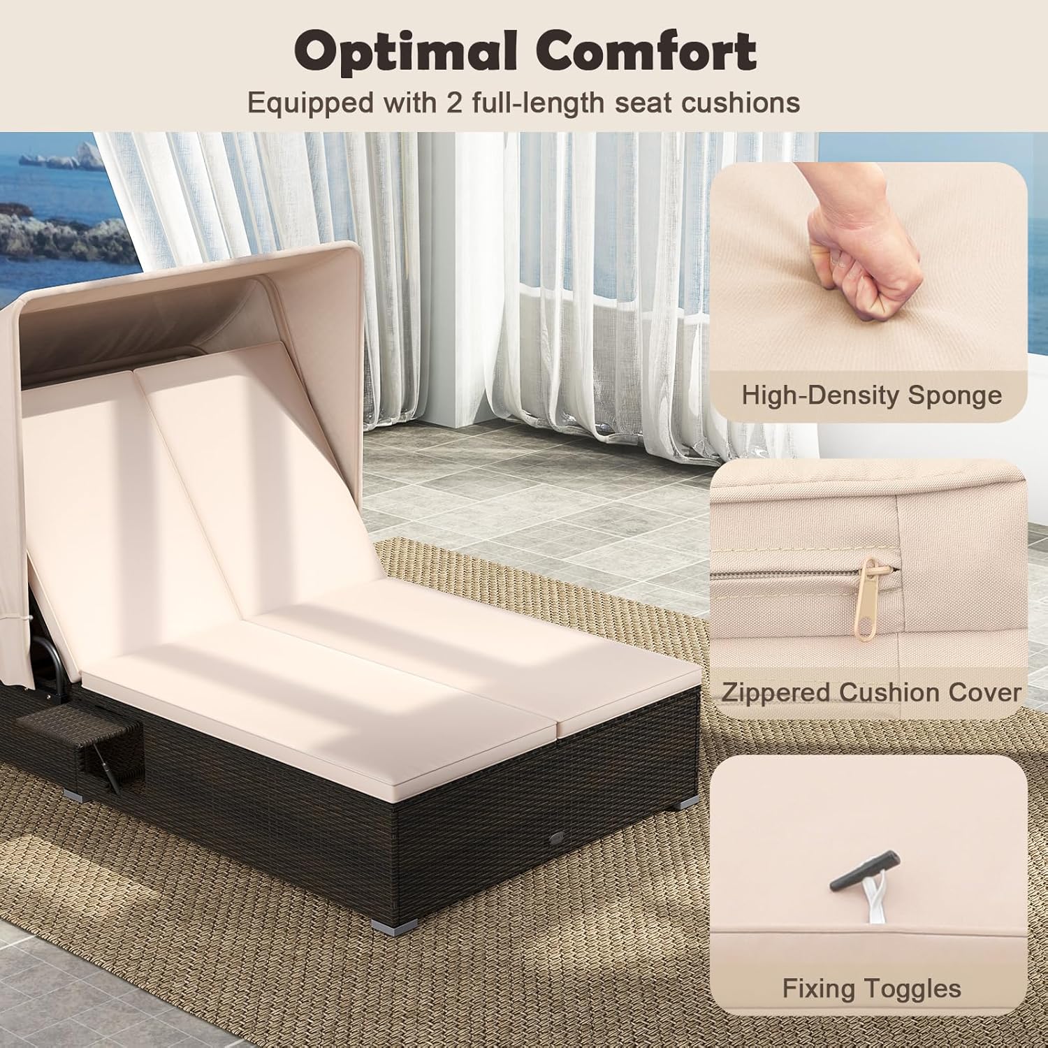 RELAX4LIFE Outdoor Daybed Retractable Canopy Wicker Double Chaise Lounge 6-Position Backrest