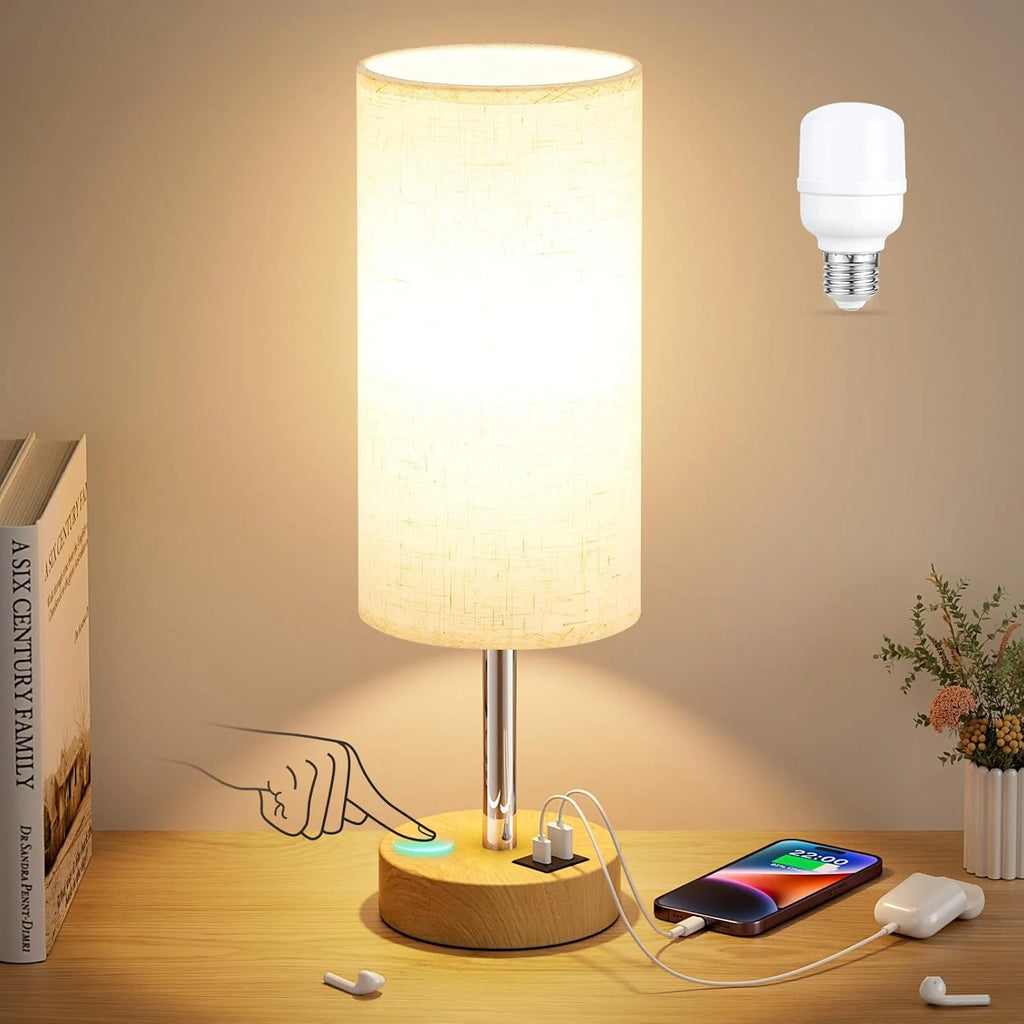 Touch Bedside Table Lamp with USB Wood Base 3 Way Dimmable Small Nightstand Lamp with LED Bulb for Bedroom Living Room