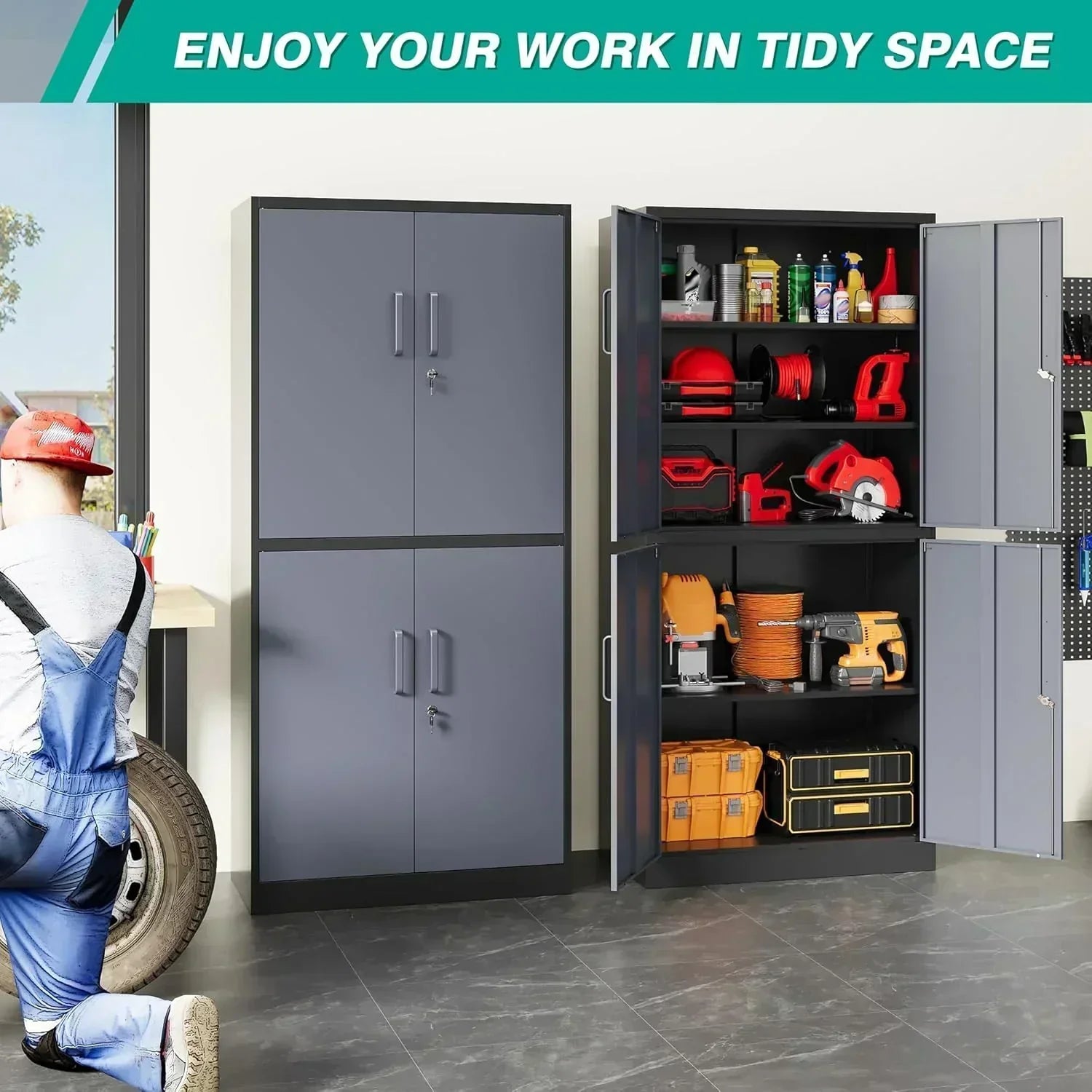 Metal Storage Cabinet with 2 Doors and 6 Shelves Black Metal Cabinet Garage Storage Cabinet
