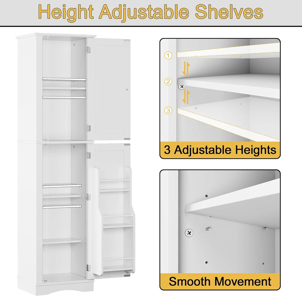 Tall Pantry Cabinet, Freestanding Storage Cabinet, Wooden Kitchen Pantry with 4 Doors and 5 Shelves, 72 Floor Cabinet Organizer