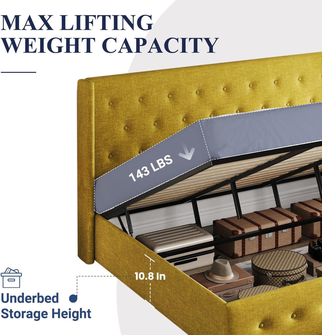 Allewie Queen Size Lift Up Storage Bed Modern Wingback Headboard Hydraulic Support