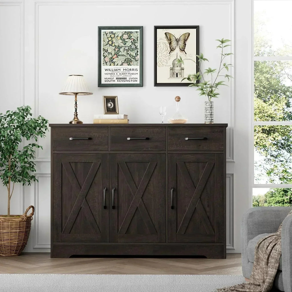 Modern farmhouse sideboard barn door buffet storage cabinet with drawers and shelves