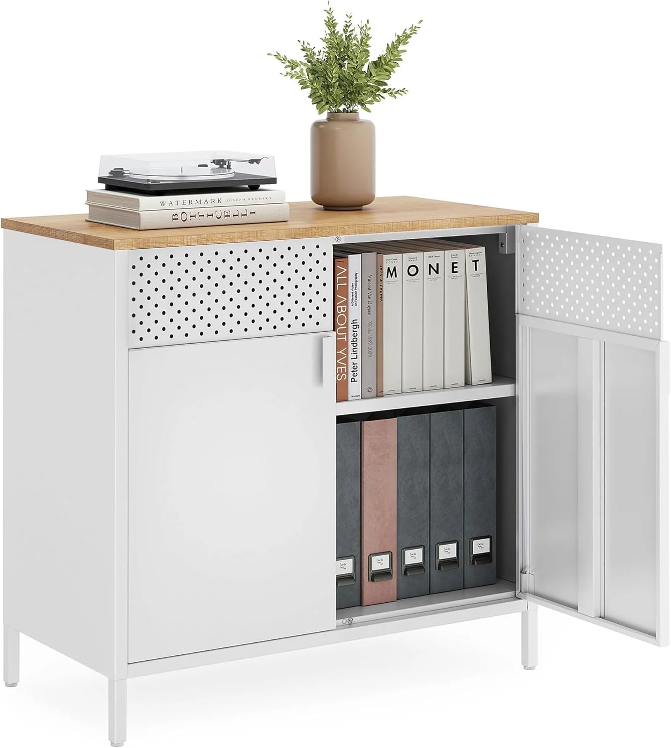 SONGMICS Storage Cabinet, Metal Cabinet, Sideboard with 2 Doors, 15.7 x 31.5 x 29.9 Inches, Magnetic Closure, Adjustable Shelf, Steel Frame, Rustic Brown and Black ULSC102B01