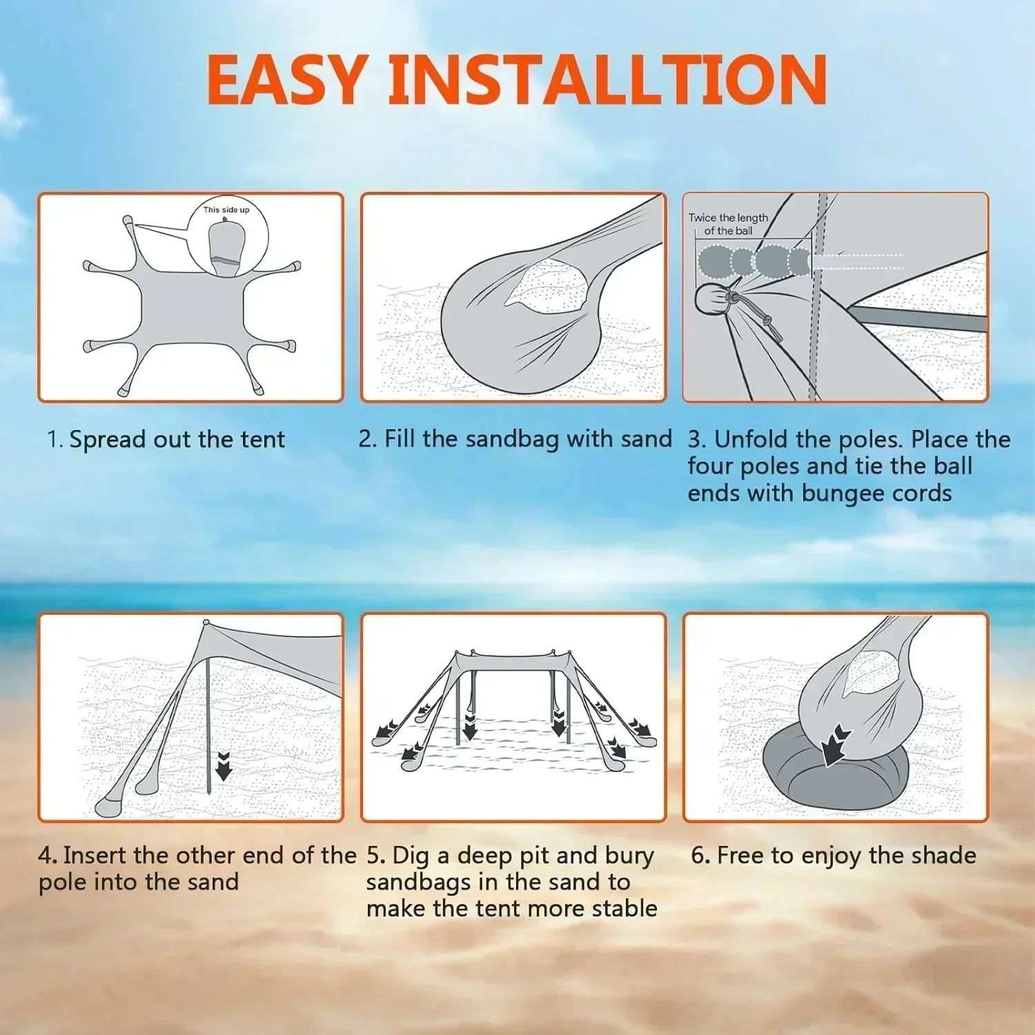 Beach Tent Sun Shelter 10 x 10 FT Beach Canopy Tent Sun Shade Heavy Duty UPF50+ Beach Tent