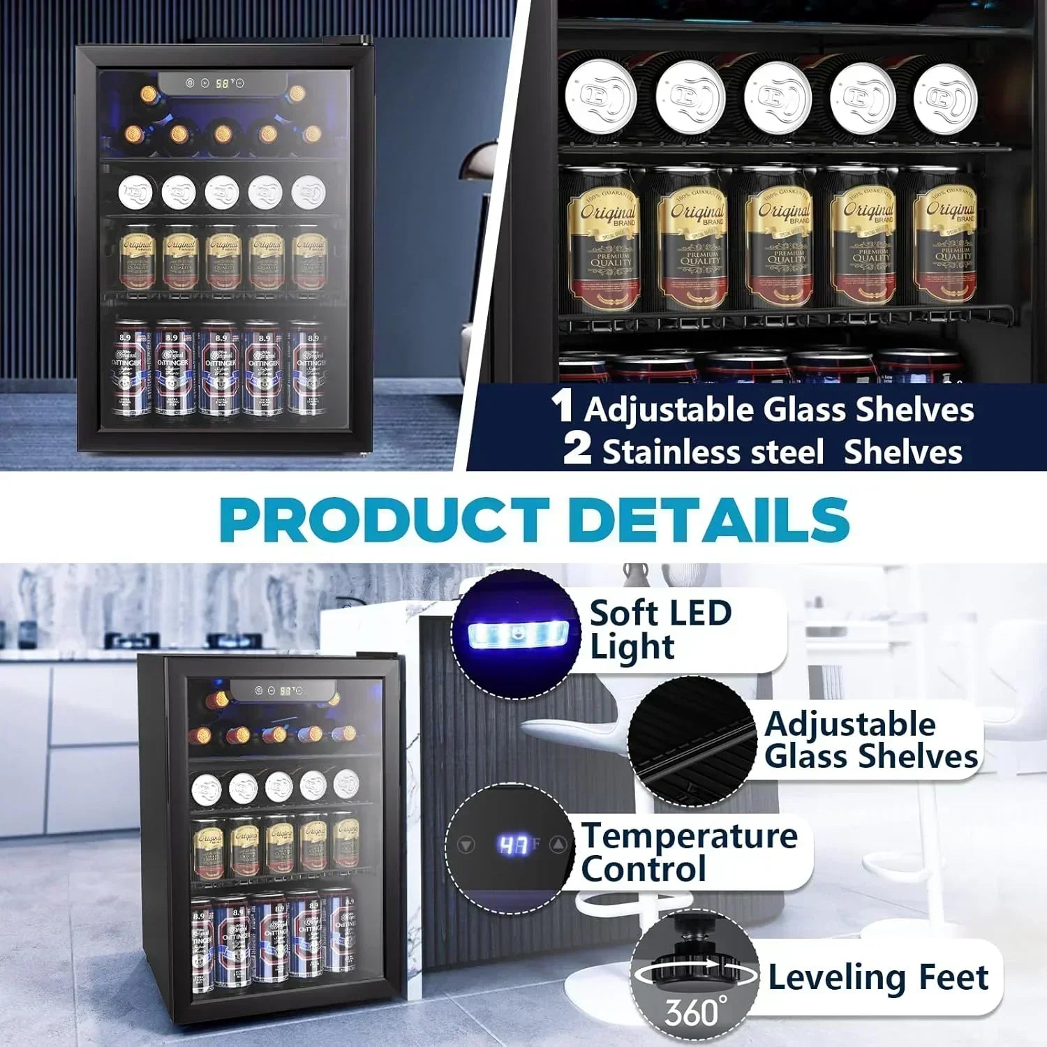 Mini Fridge 130 Can Beverage Refrigerator Cooler Drink Fridge Adjustable Temperature Control