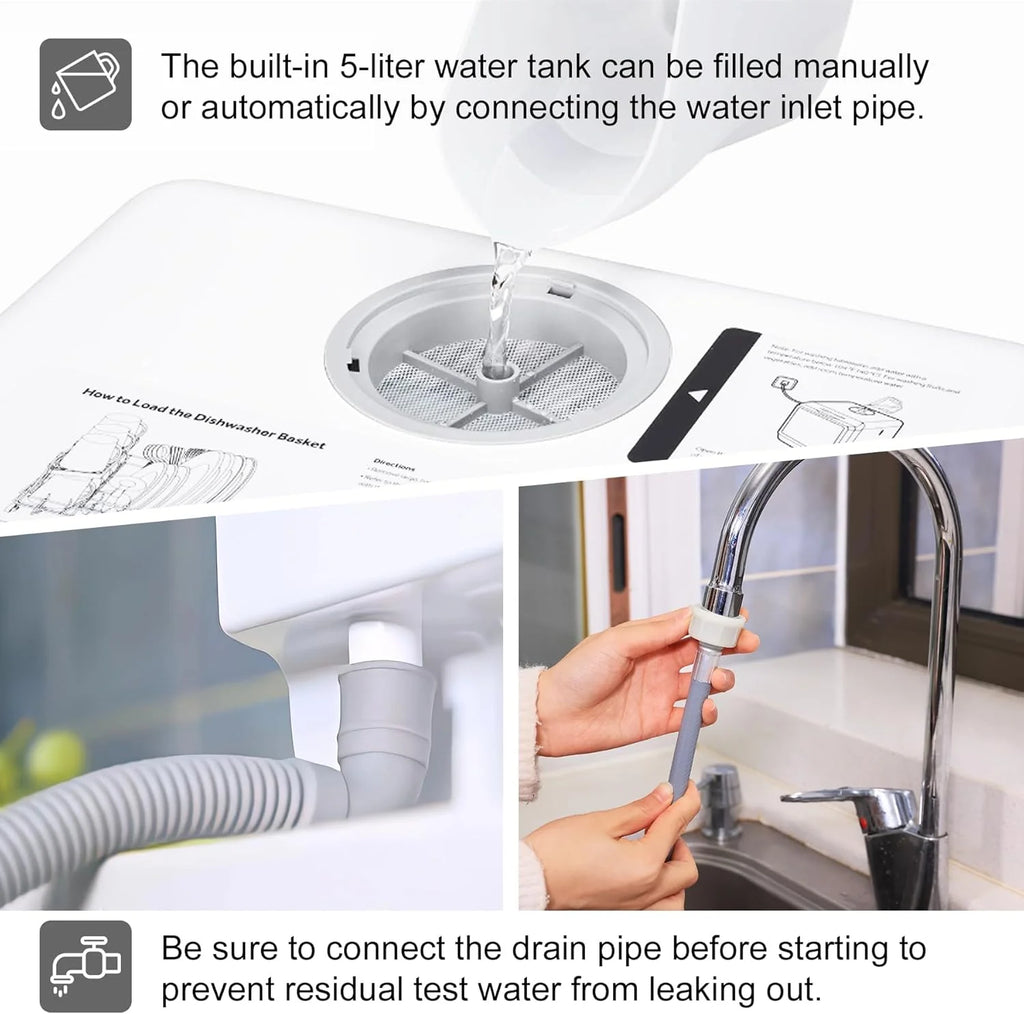 Mini countertop dishwasher. Compact dishwasher with drying function. Double spray arms. Portable countertop dishwasher