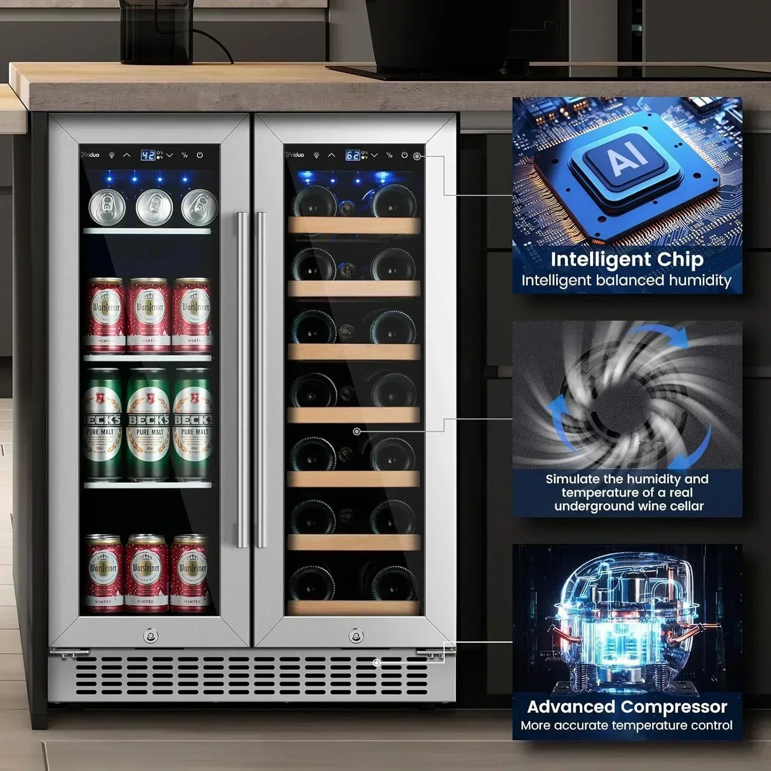 24 inch Dual Zone Beverage Refrigerator 30 Bottles 82 Cans Wine Fridge Built-in or Freestanding