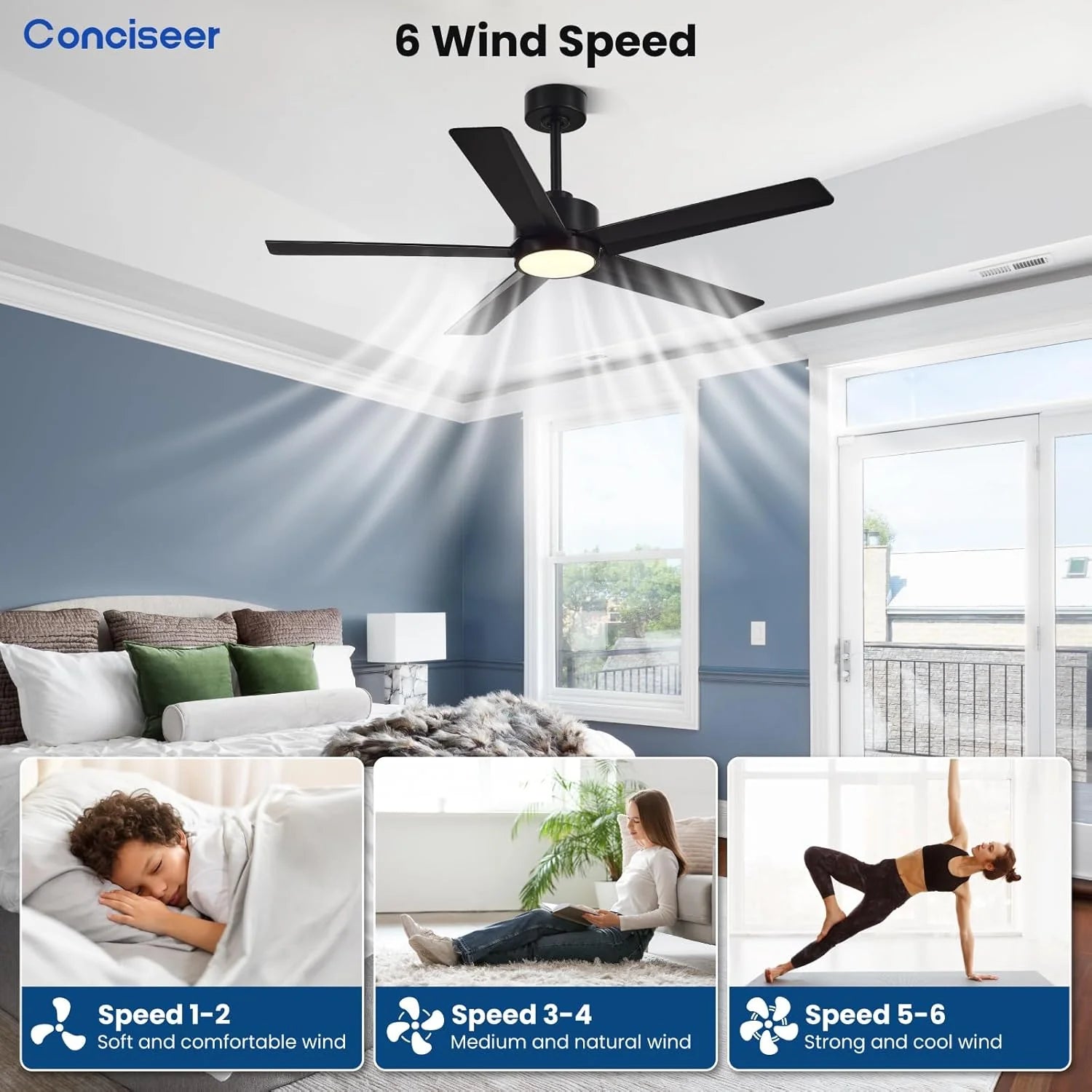 Modern Ceiling Fans with Lights, 72 Inch Ceiling Fan with Light and Remote, Bedroom Living Room Library Cafe Outdoor/Industrial,24W 3CCT Dimmable, 8 Blades 6 Speed Reversible Quiet DC Motor, Black