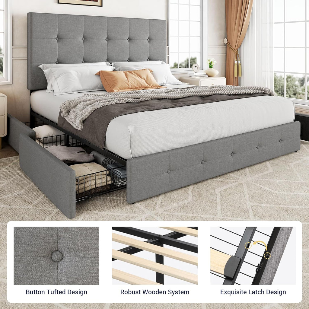 Allewie Upholstered Queen Size Platform Bed Frame with 4 Storage Drawers and Headboard