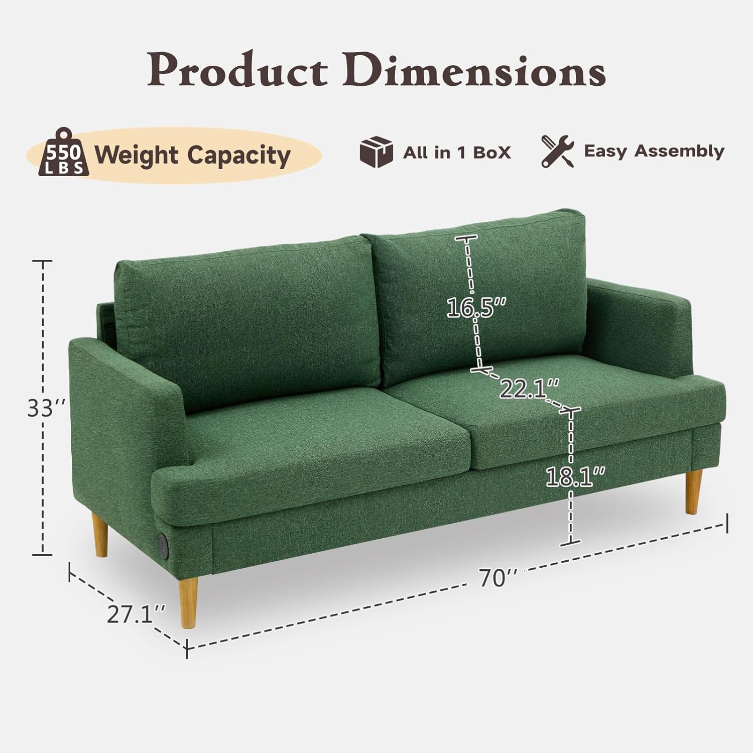 Loveseat Sofa Couch for Living Room with USB Type C Ports Dark Gray Upholstered Small Couches