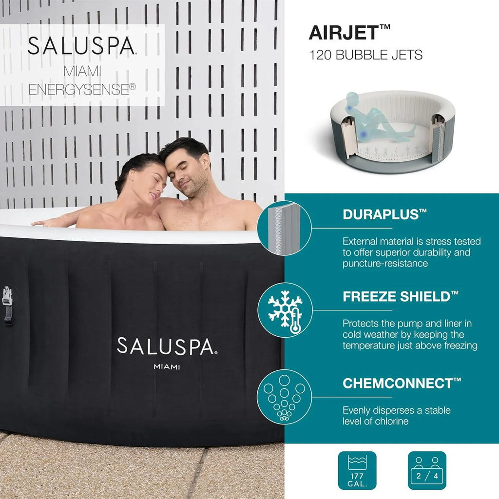 Bestway SaluSpa Miami EnergySense AirJet Inflatable Hot Tub Spa (71 x 26) | Portable Hot Tub with 2 Covers (1 Energy-Efficient Thermal Cover and 1 Standard Cover) | Fits Up to 2-4 Persons | Black