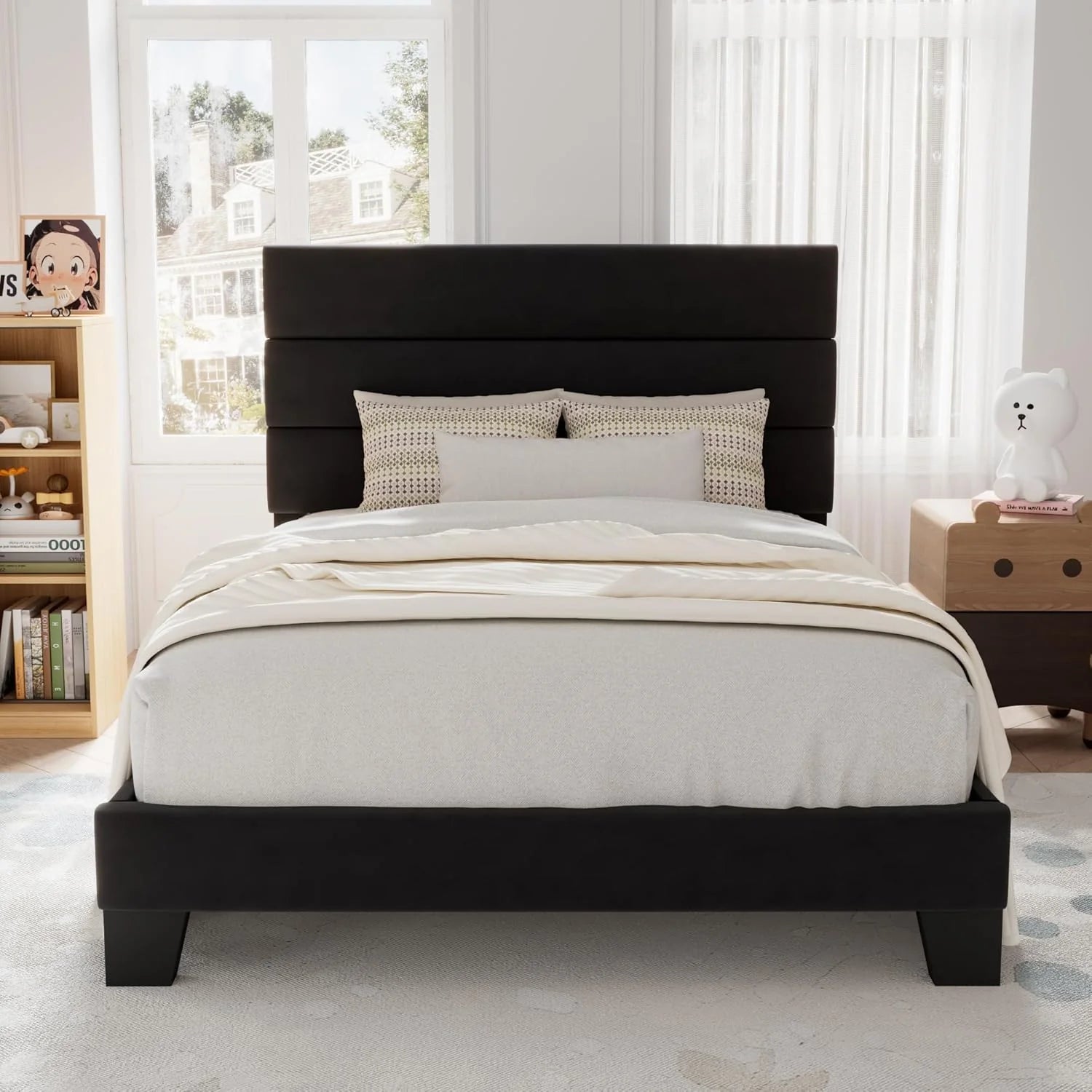 Allewie Queen Size Platform Bed Frame Fabric Upholstered Headboard Wooden Slats Support