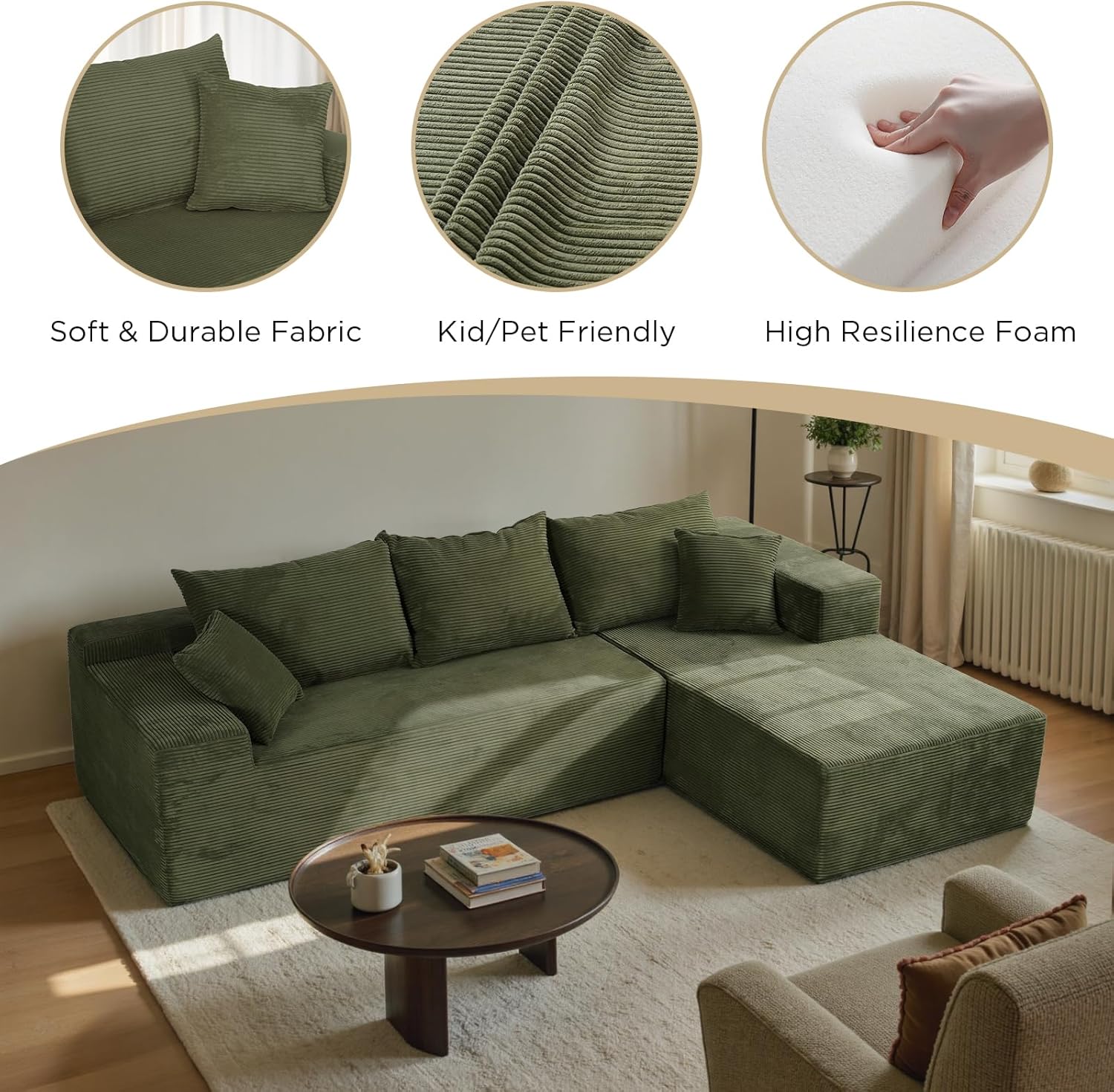 Cloud sofa with L-shaped lounge chair modern modular sofa with deep seats