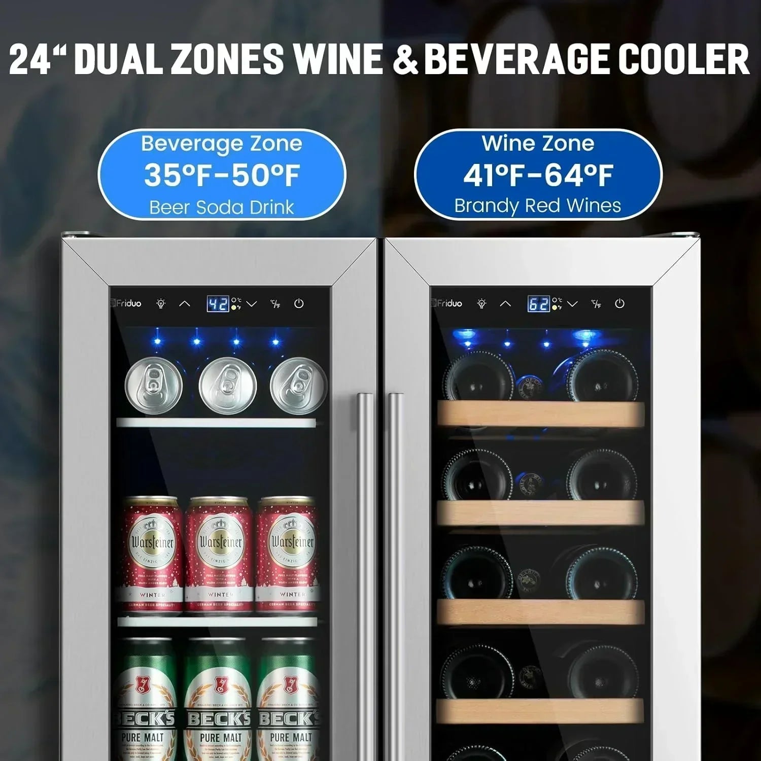 24 inch Dual Zone Beverage Refrigerator 30 Bottles 82 Cans Wine Fridge Built-in or Freestanding