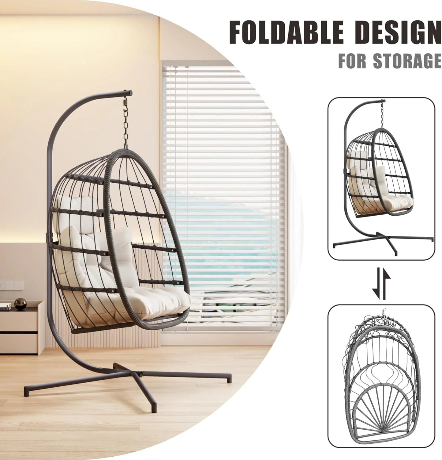 HWB Hanging Egg Chair Patio Wicker Hammock Egg Swing Chair with Cushion for Bedroom