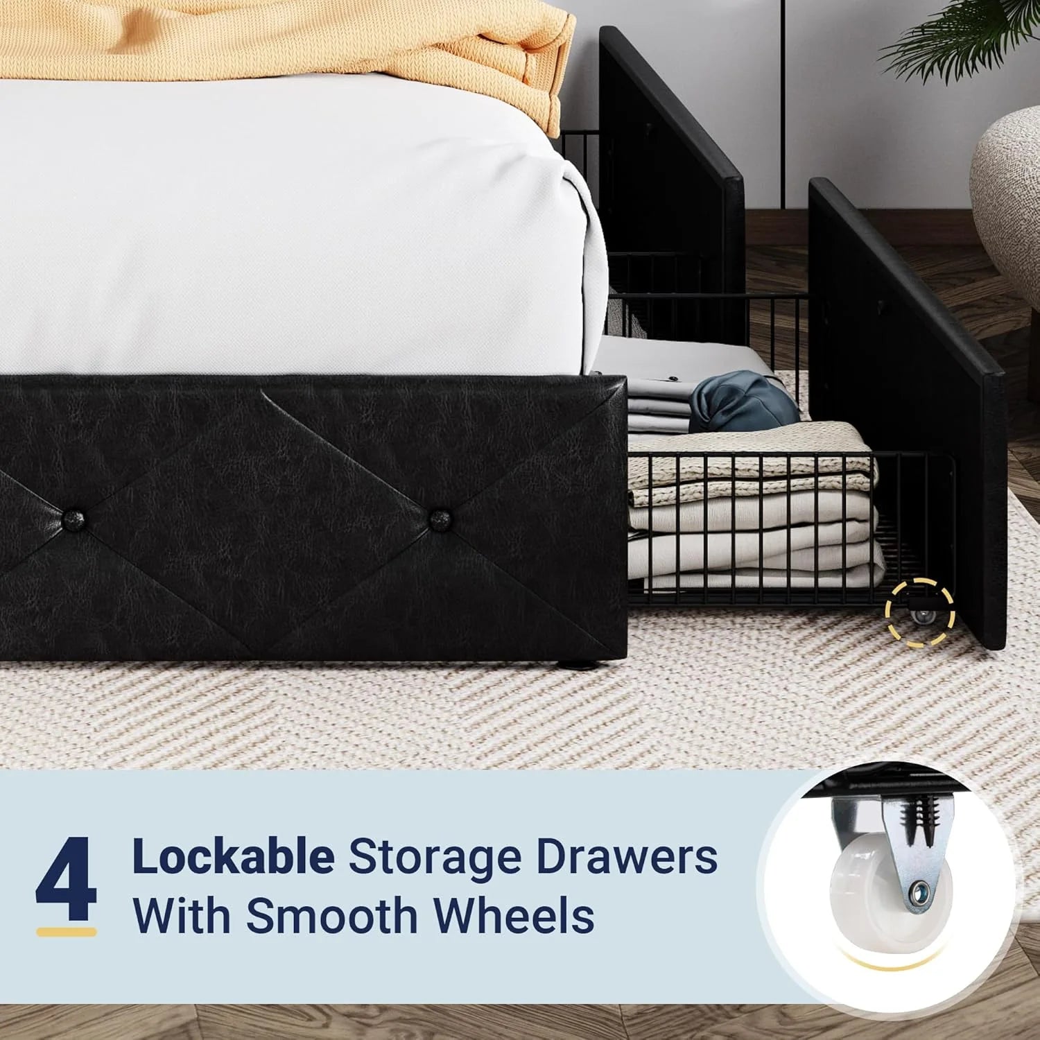 Allewie Upholstered Queen Size Platform Bed Frame with 4 Storage Drawers and Headboard