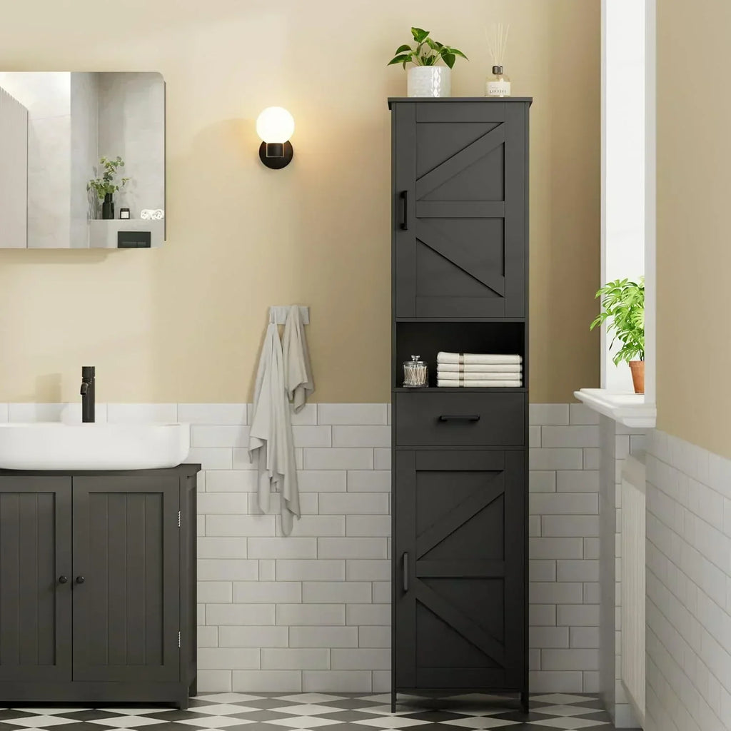 Homhedy 67 H Tall Bathroom Storage Cabinet with 2 Barn Doors and 1 Drawer Narrow Storage Unit