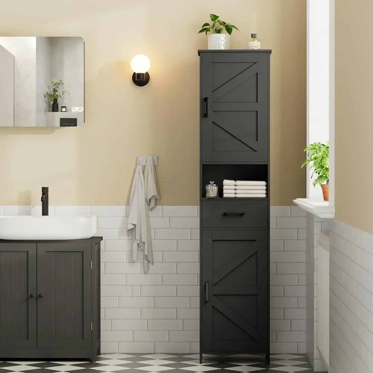 Homhedy 67 H Tall Bathroom Storage Cabinet with 2 Barn Doors and 1 Drawer Narrow Storage Unit
