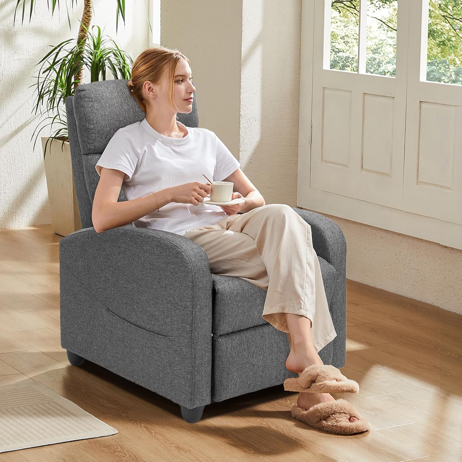 Sweetcrispy Massage Recliner Chair for Adults, Adjustable Home Theater Seating with Lumbar Support for Living Room, Modern Fabric Reclining, Pure Black
